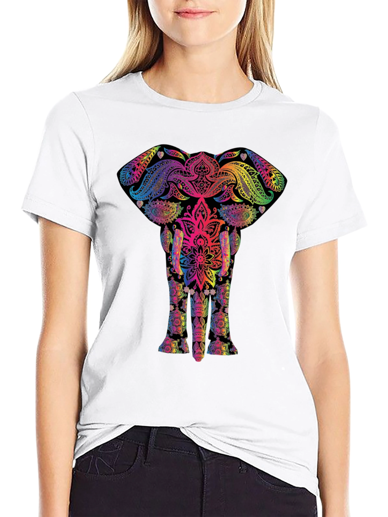 Black Vibrant Elephant Mandala T-Shirt - Unique Graphic Tee view 9