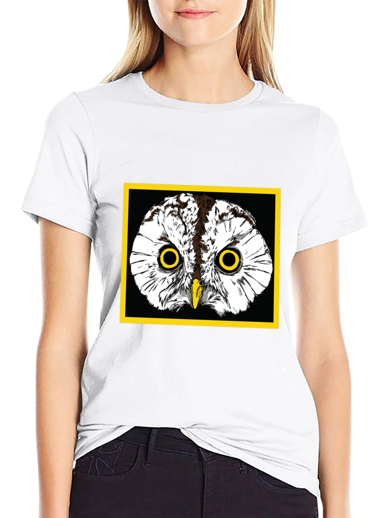 Black Owl Graphic Tee - Black Cotton T-Shirt with Yellow Border view 9