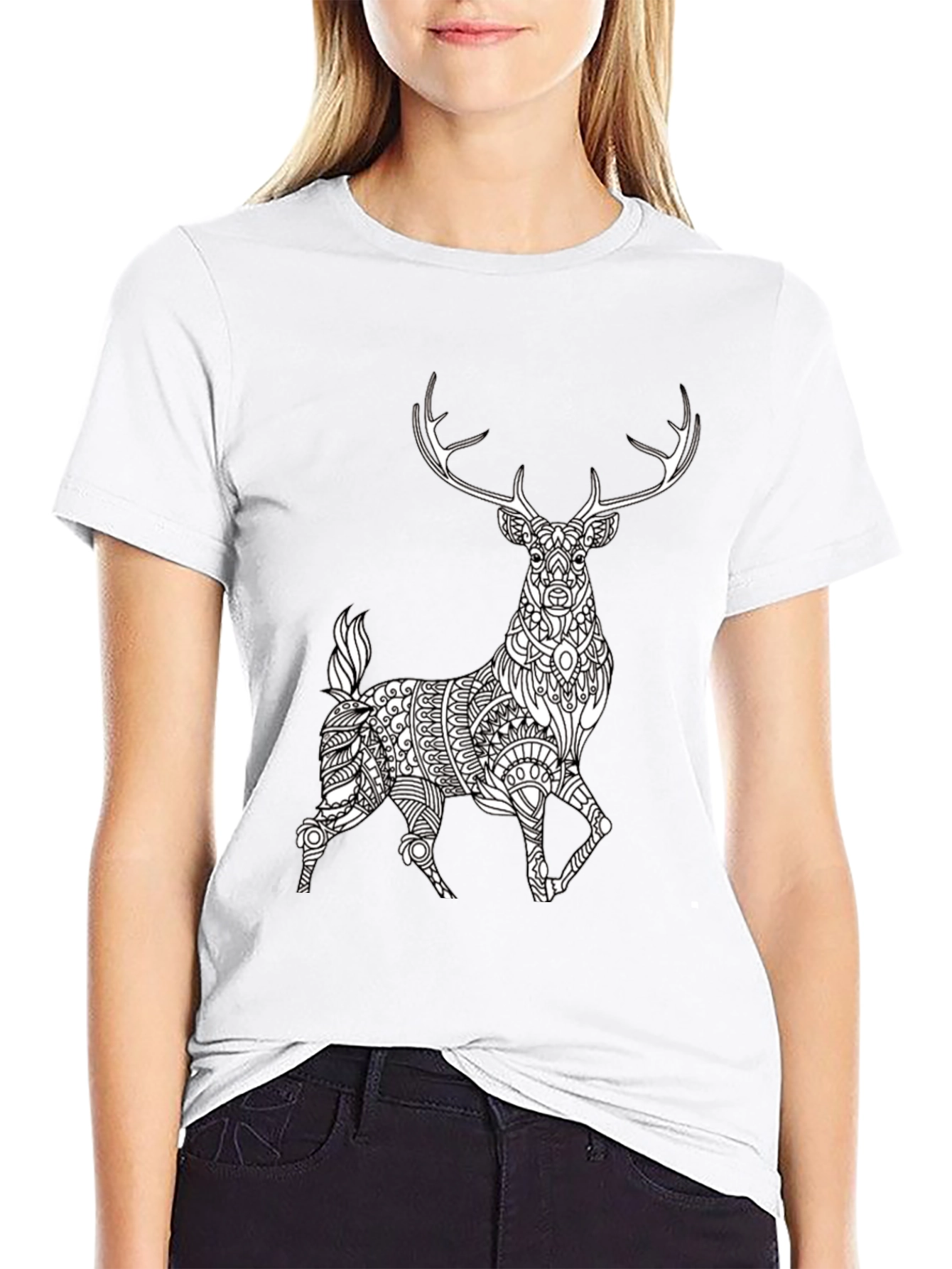 Black Geometric Deer Graphic Tee - Black Cotton Blend view 9
