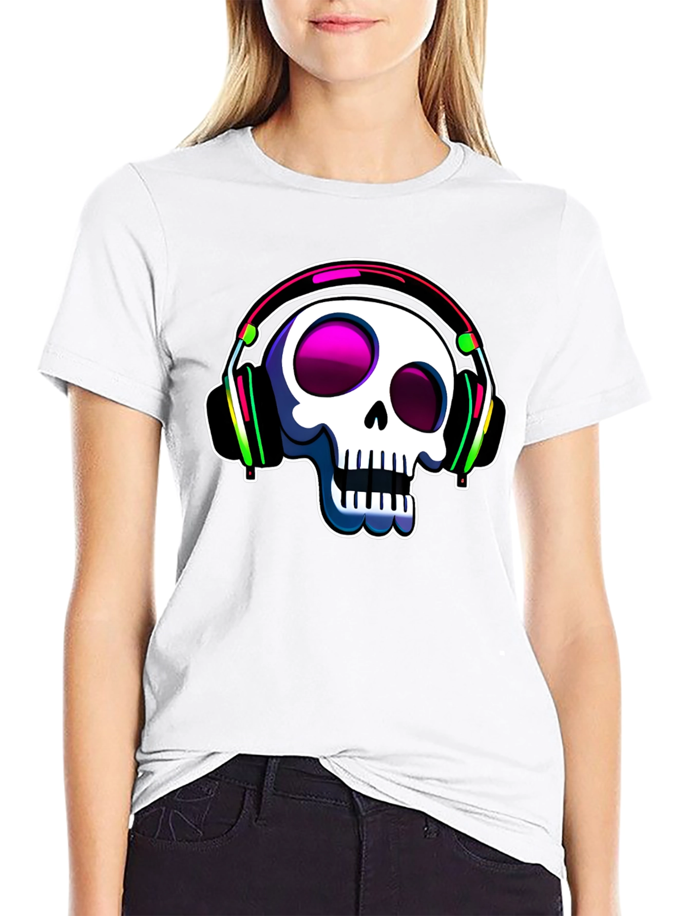 Black Skull with Headphones Graphic Tee view 9