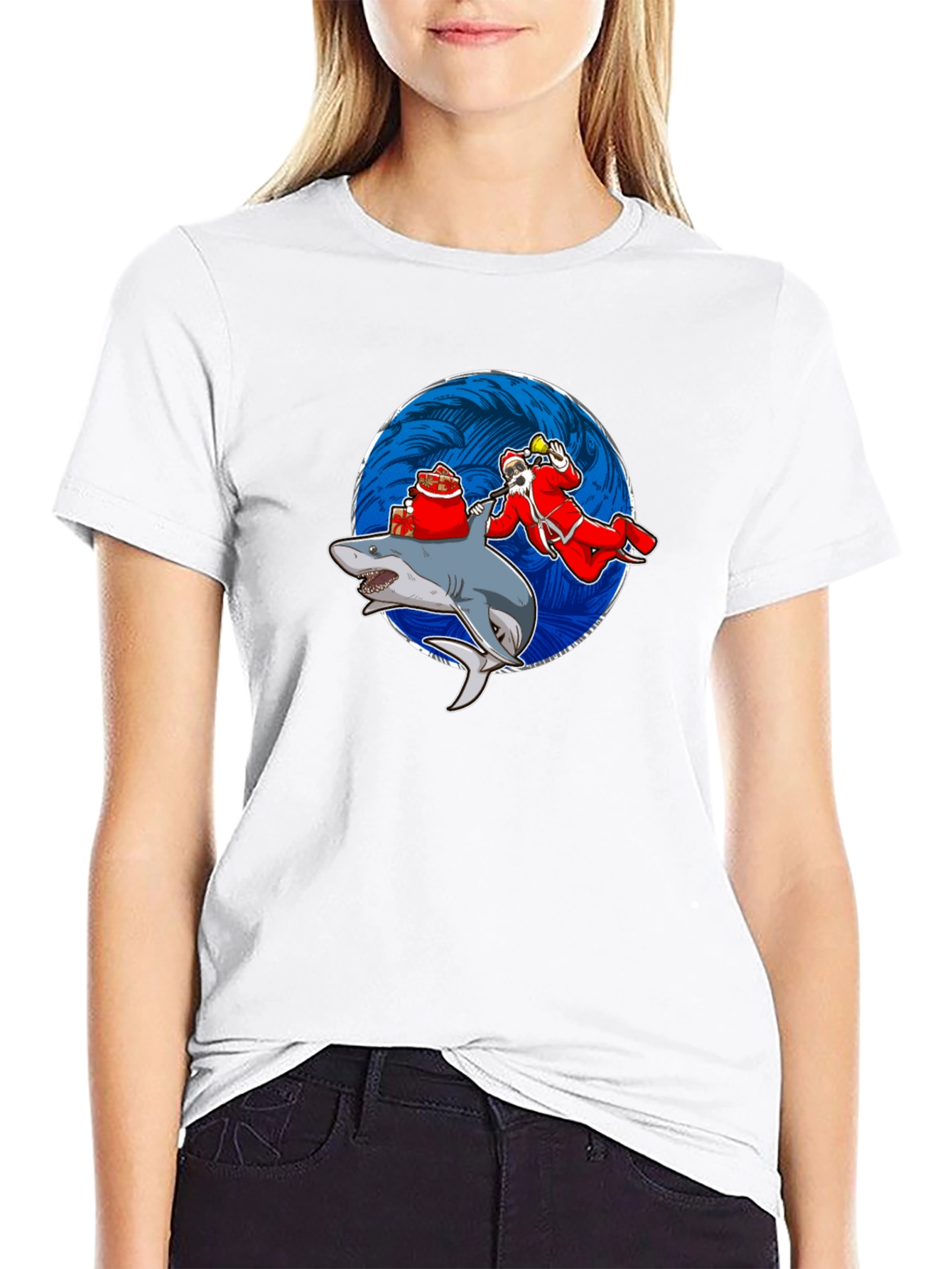Black Shark Santa T-Shirt Funny Holiday Gift view 9
