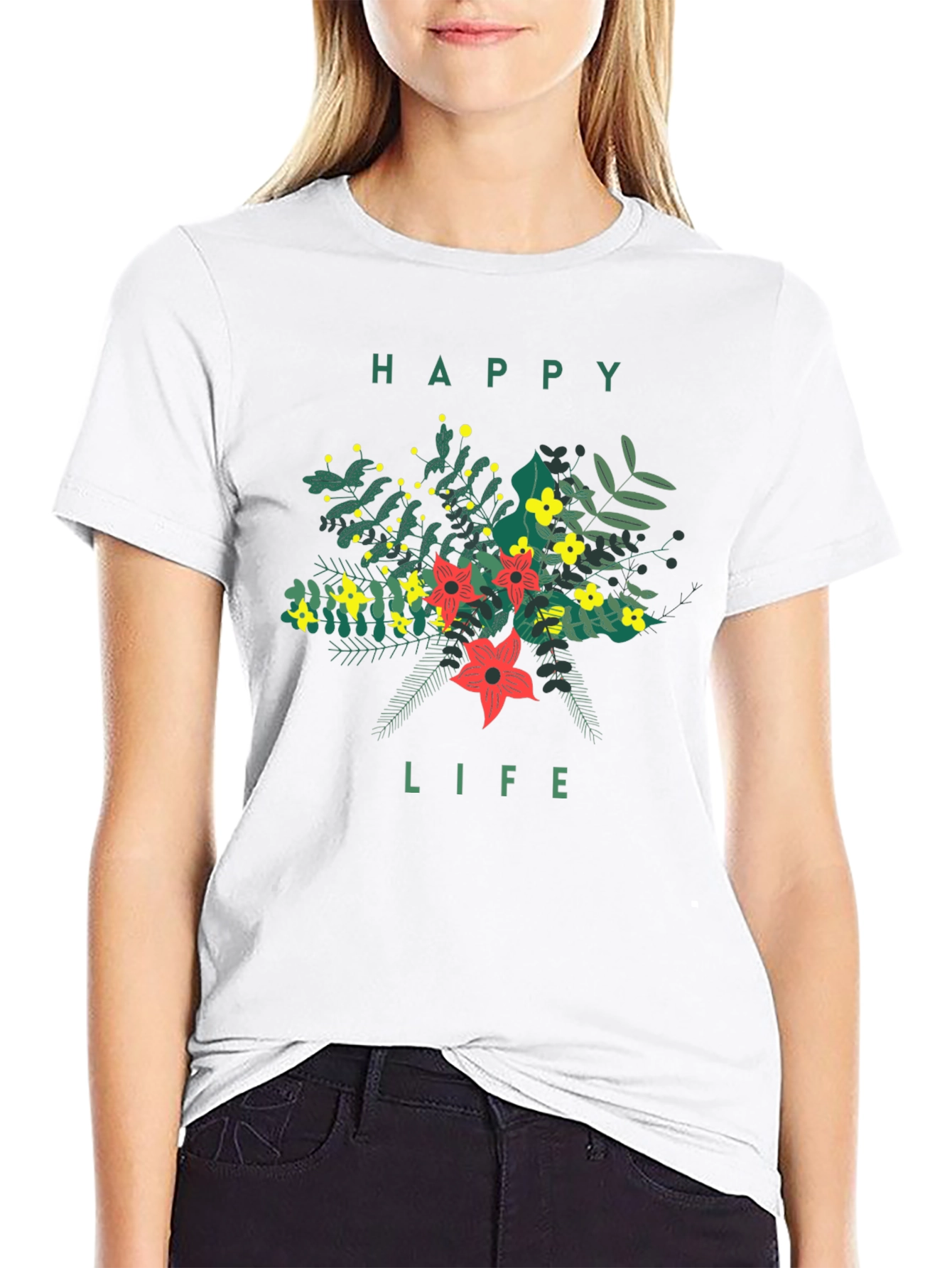 Black Floral Happy Life Graphic Tee - Stylish Black T-Shirt view 9