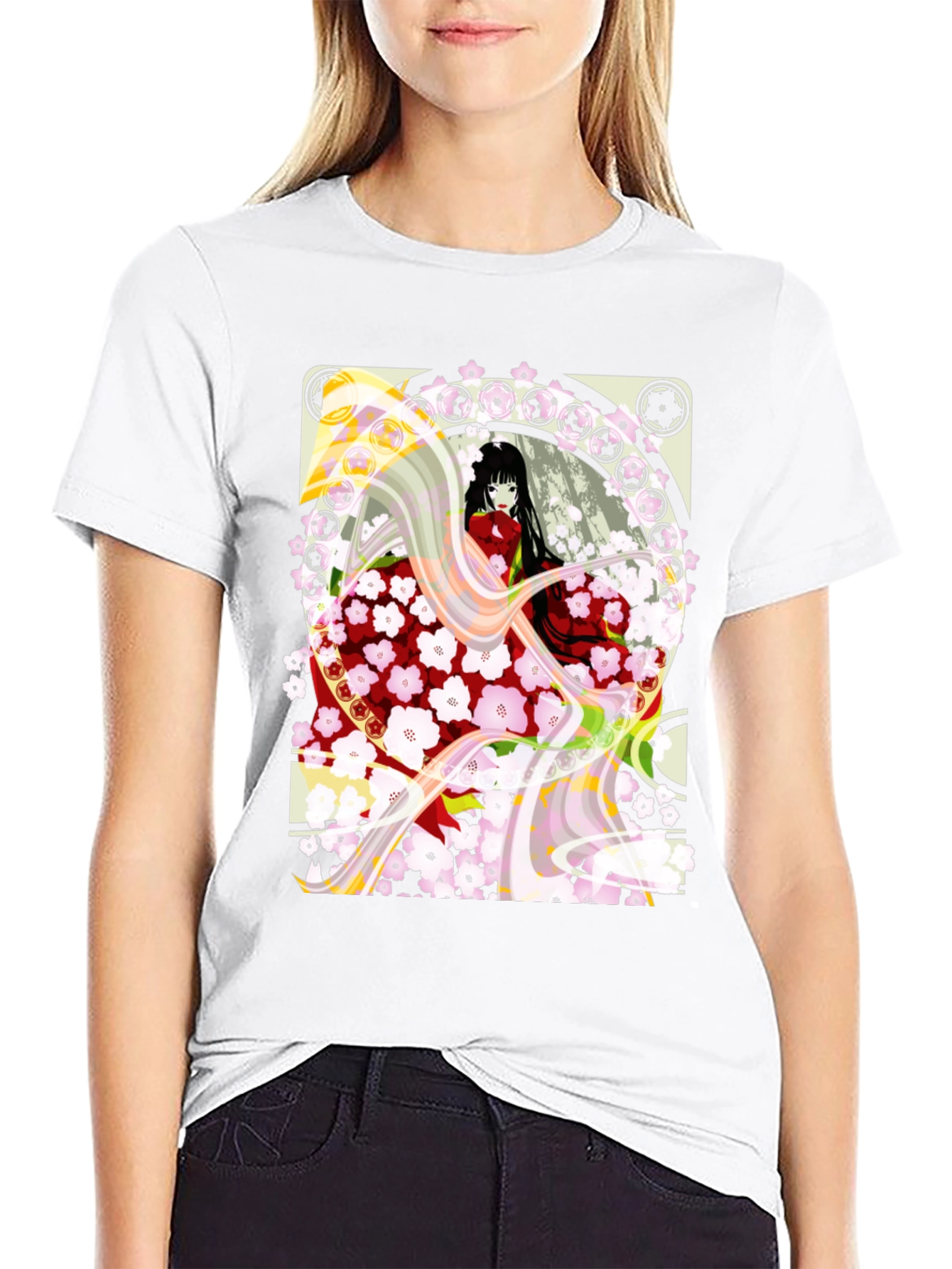 Anime Girl Cherry Blossom Black T-Shirt - 9