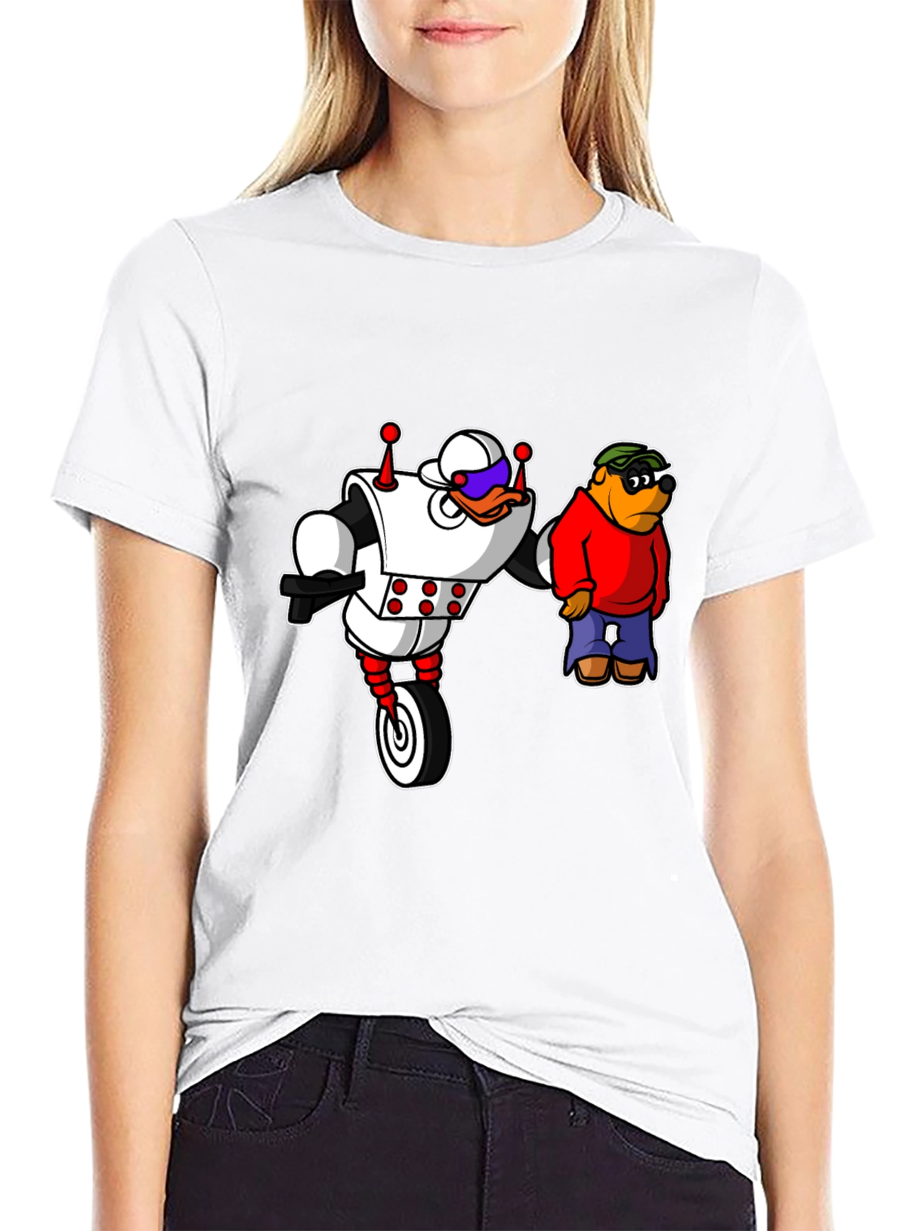 Black Robot Duck and Cartoon Bear Graphic T-Shirt view 9