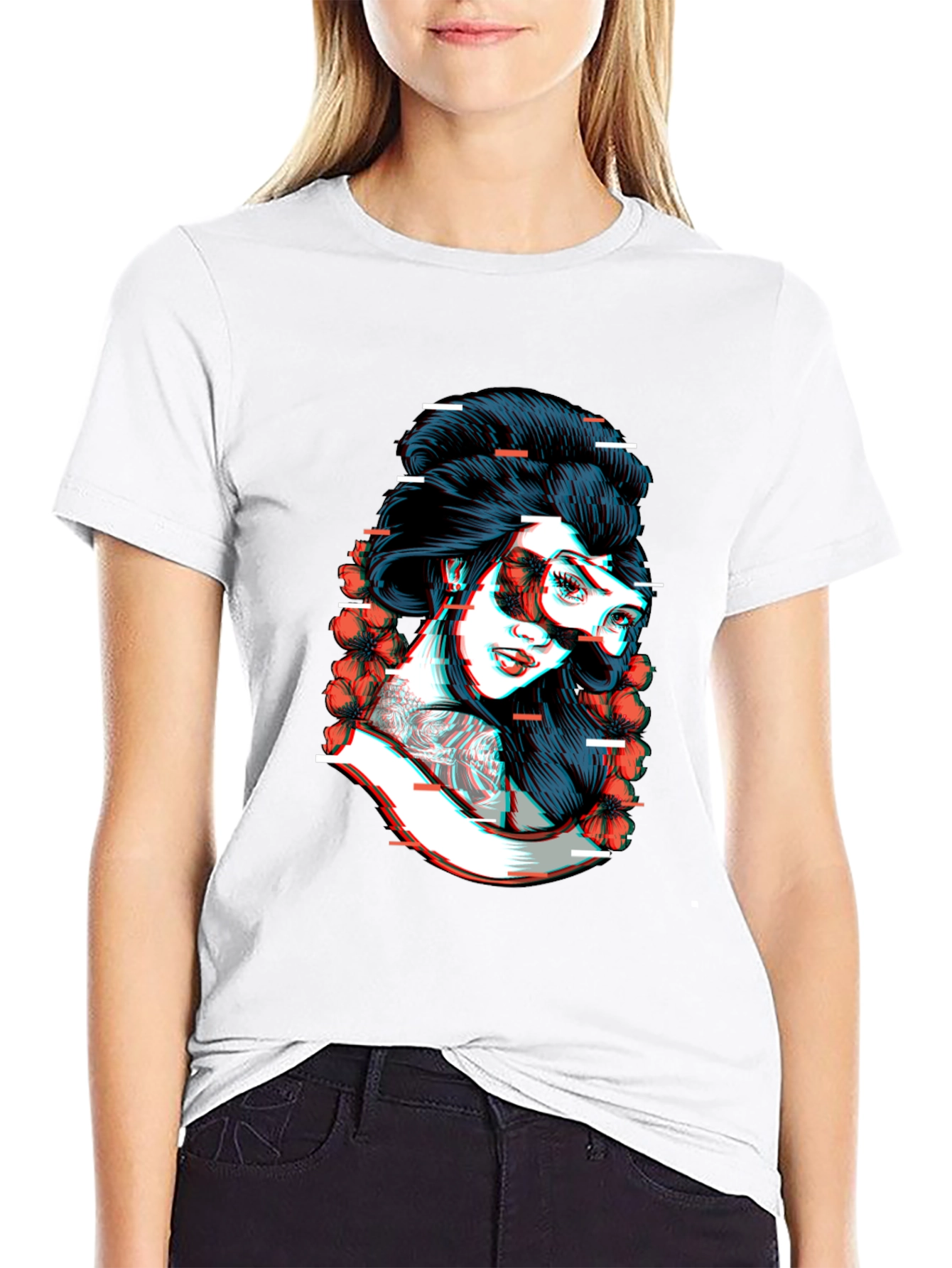 Black Glitch Geisha Graphic Tee - Black Cotton T-Shirt view 9