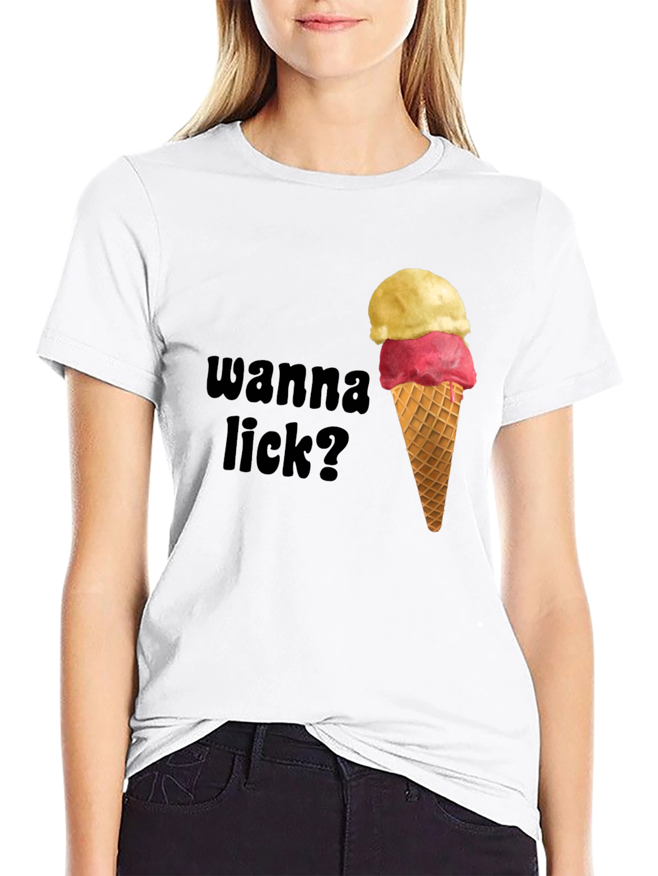 Black Ice Cream Graphic Tee - Wanna Lick? Novelty Shirt view 9