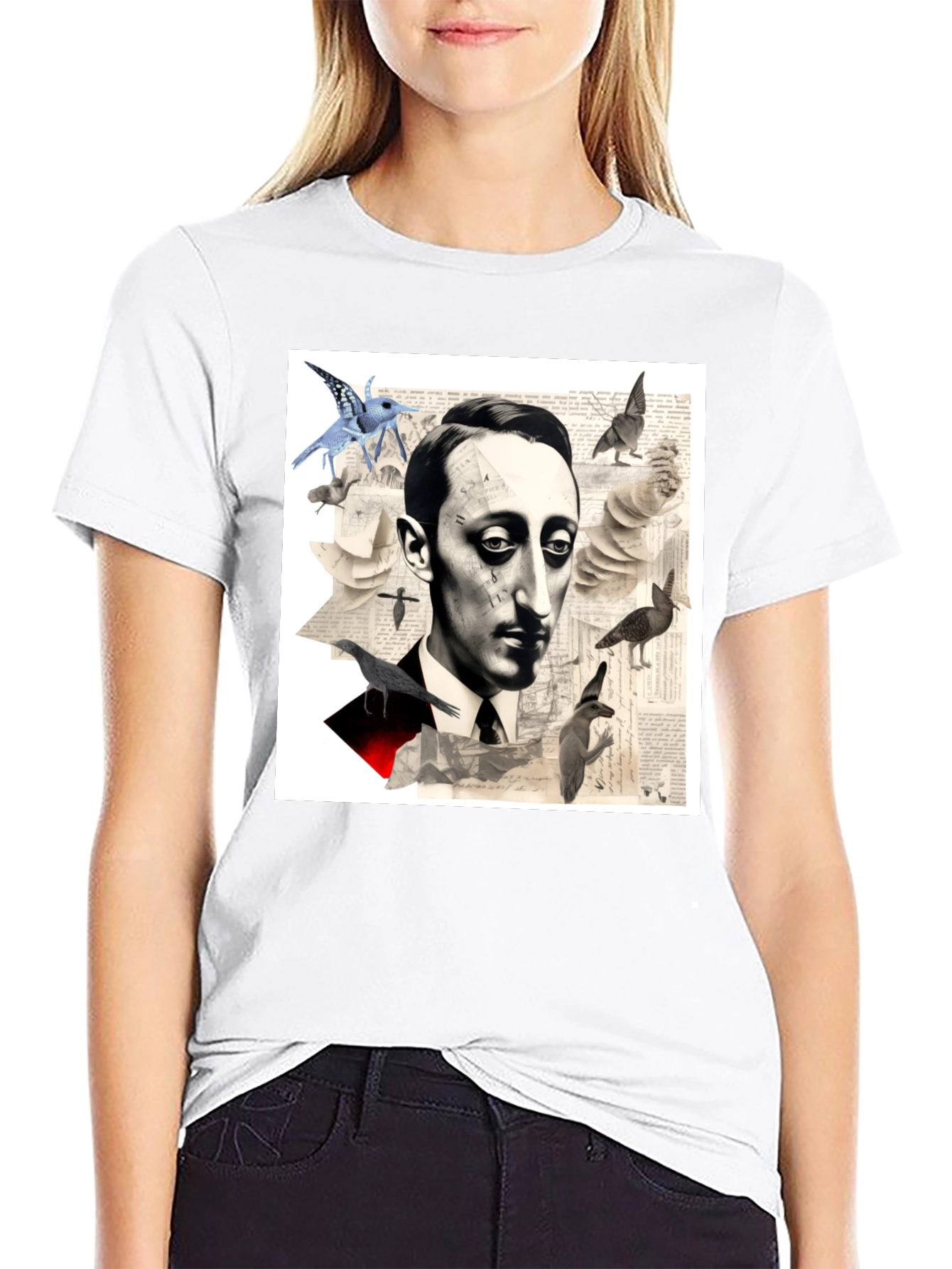 Black Surrealist Literary T-Shirt: Portrait with Birds view 9