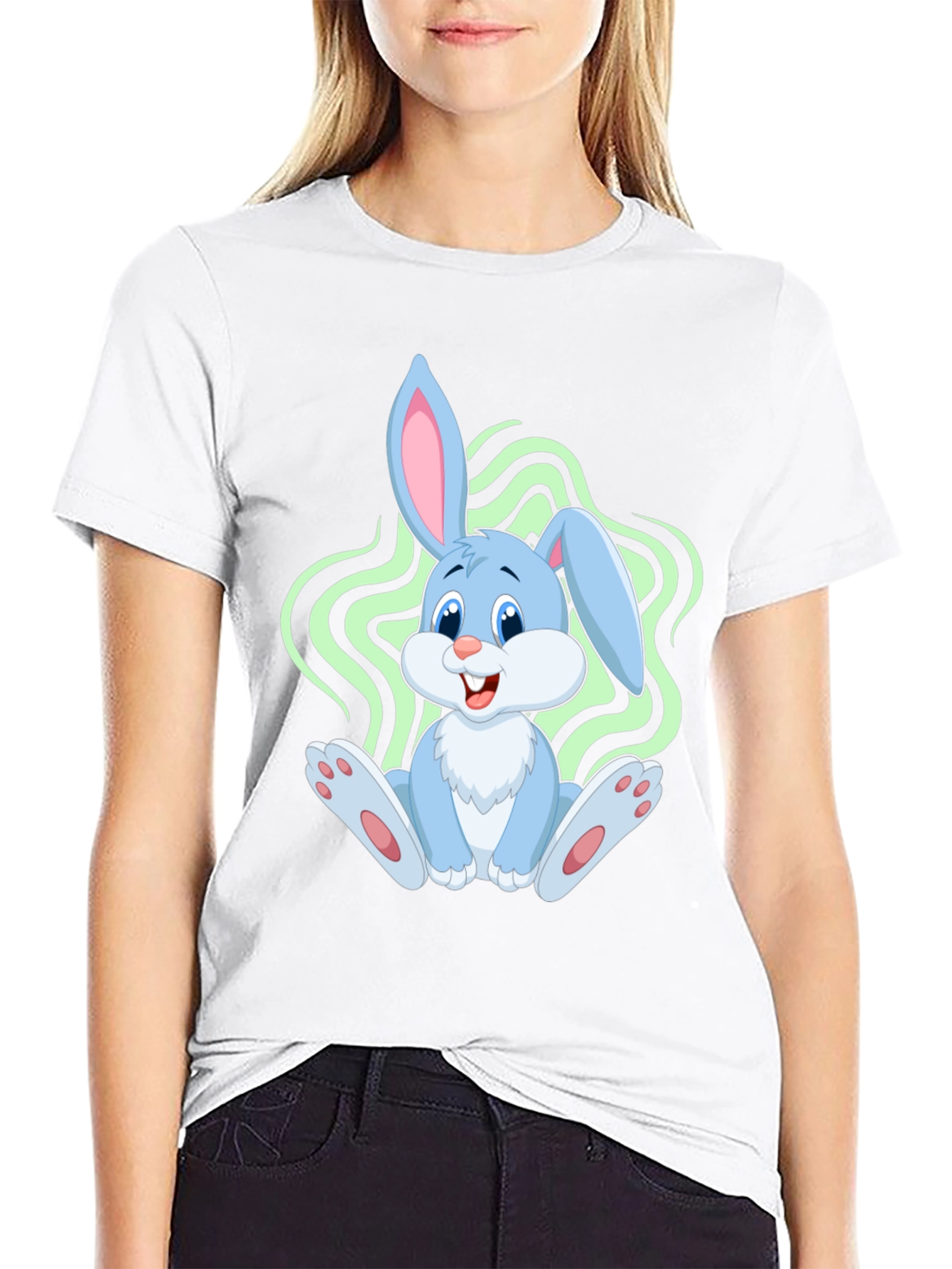 Black Cute Bunny Graphic Tee - Black Cotton Blend view 9