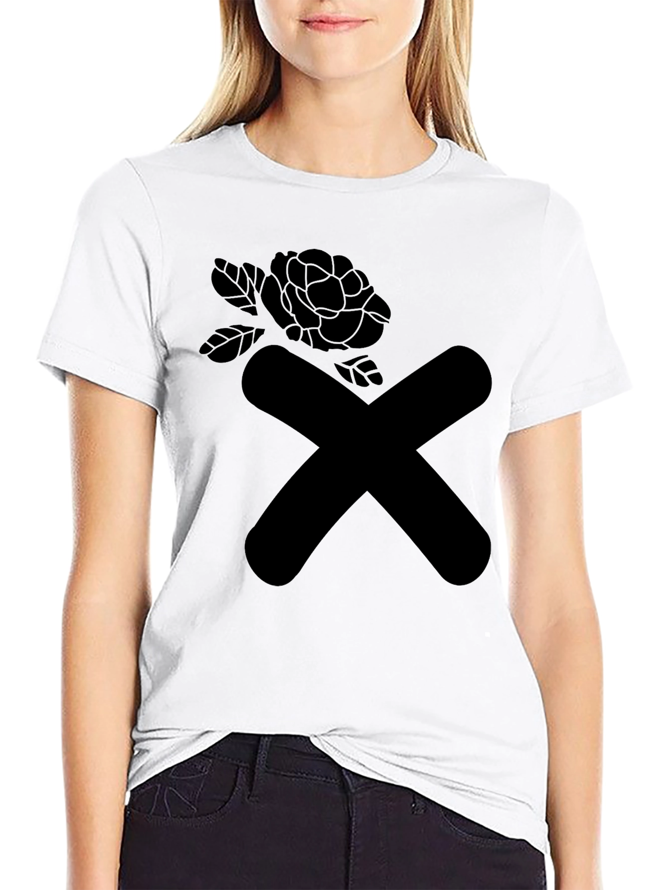 Black Modern Graphic Tee - Black X & Rose Design view 9