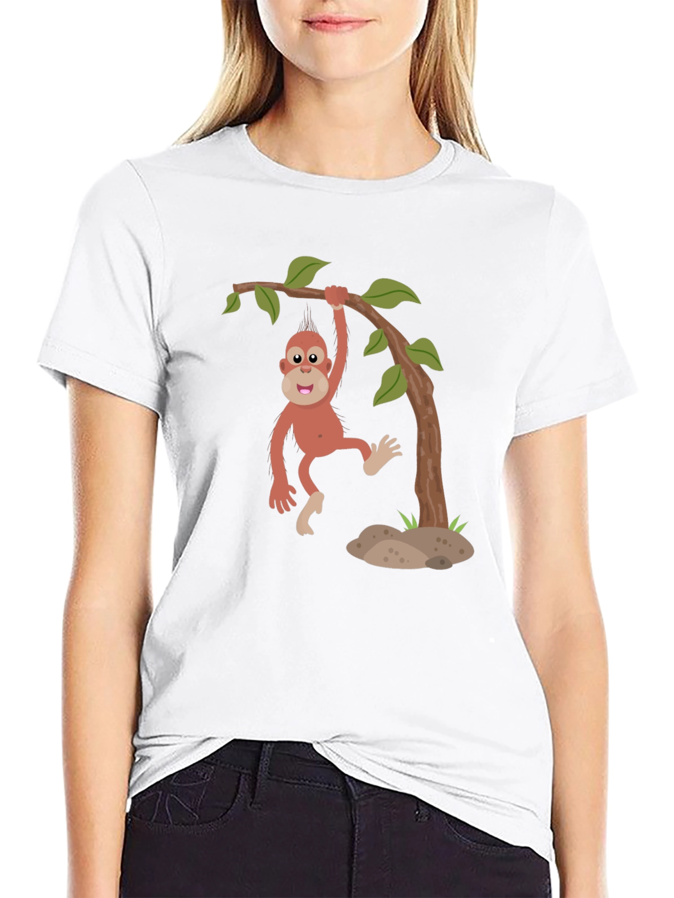 Cartoon Monkey Hanging from Tree Black T-Shirt - 9