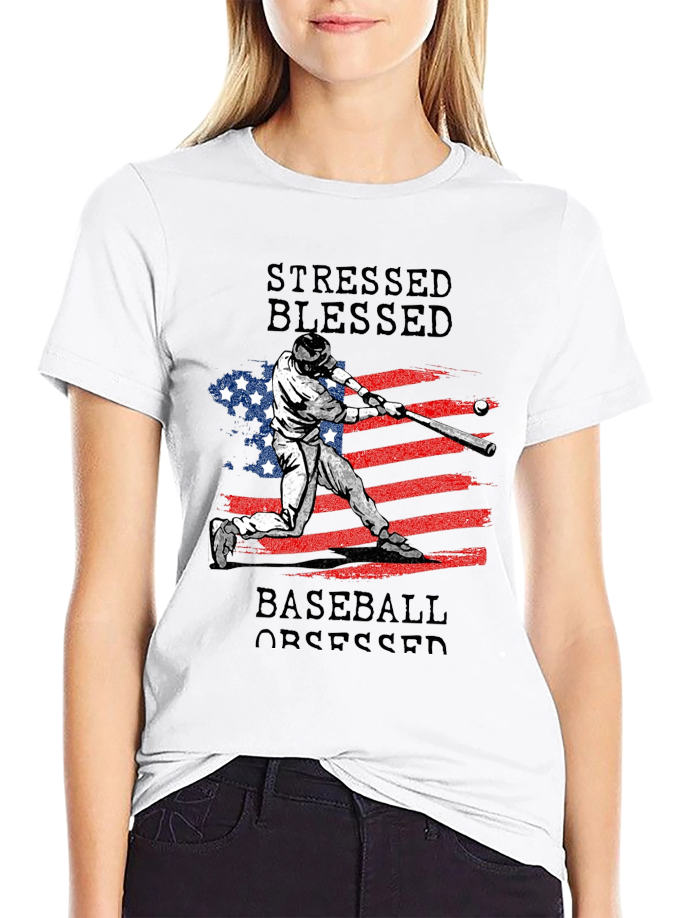 Black Stressed Blessed Baseball Obsessed T-Shirt view 9