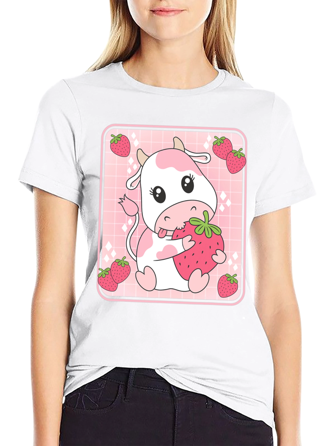 Black Strawberry Cow T-Shirt - Cute Kawaii Design view 9