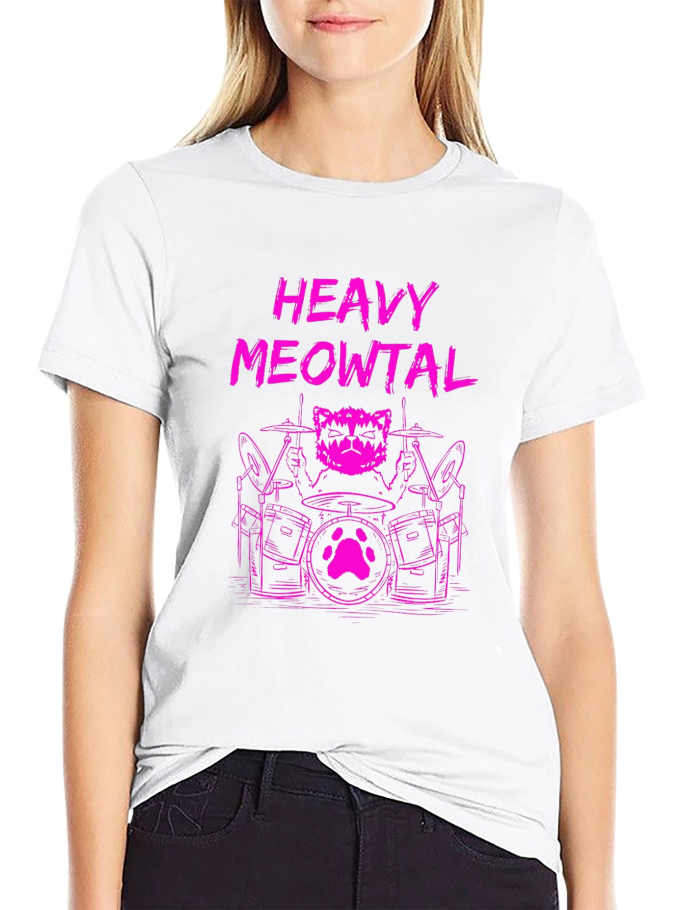 Black Heavy Meowtal Cat Drummer Graphic Tee view 9