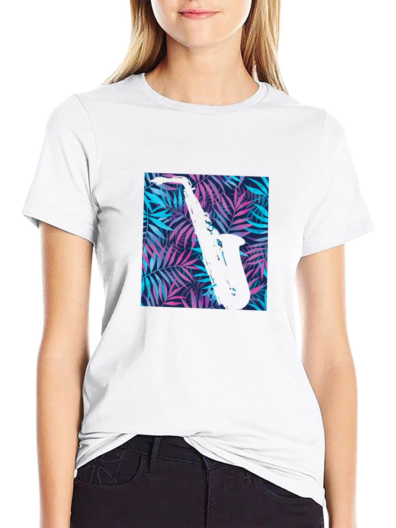 Black Tropical Saxophone Print Black T-Shirt view 9