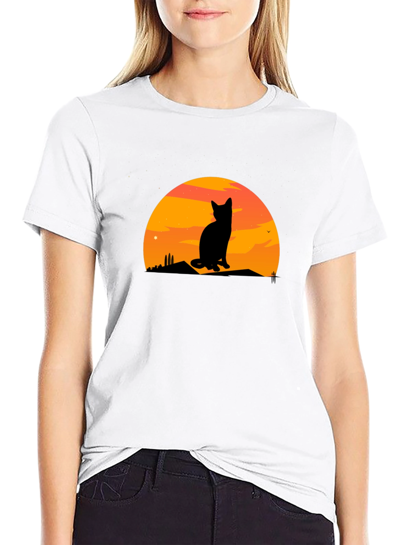 Black Sunset Cat Silhouette Graphic Tee view 9