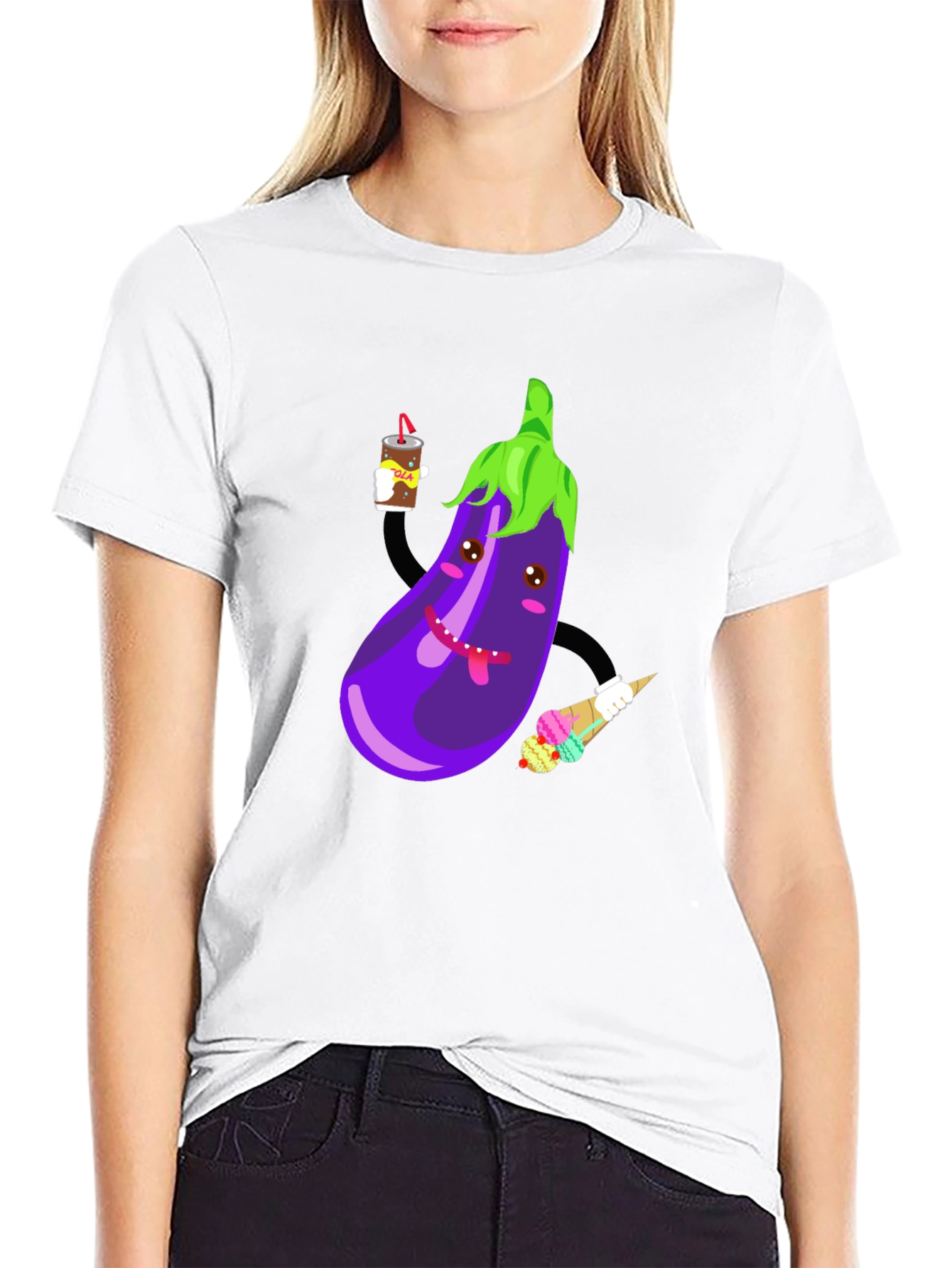 Black Eggplant Cartoon Graphic T-Shirt view 9