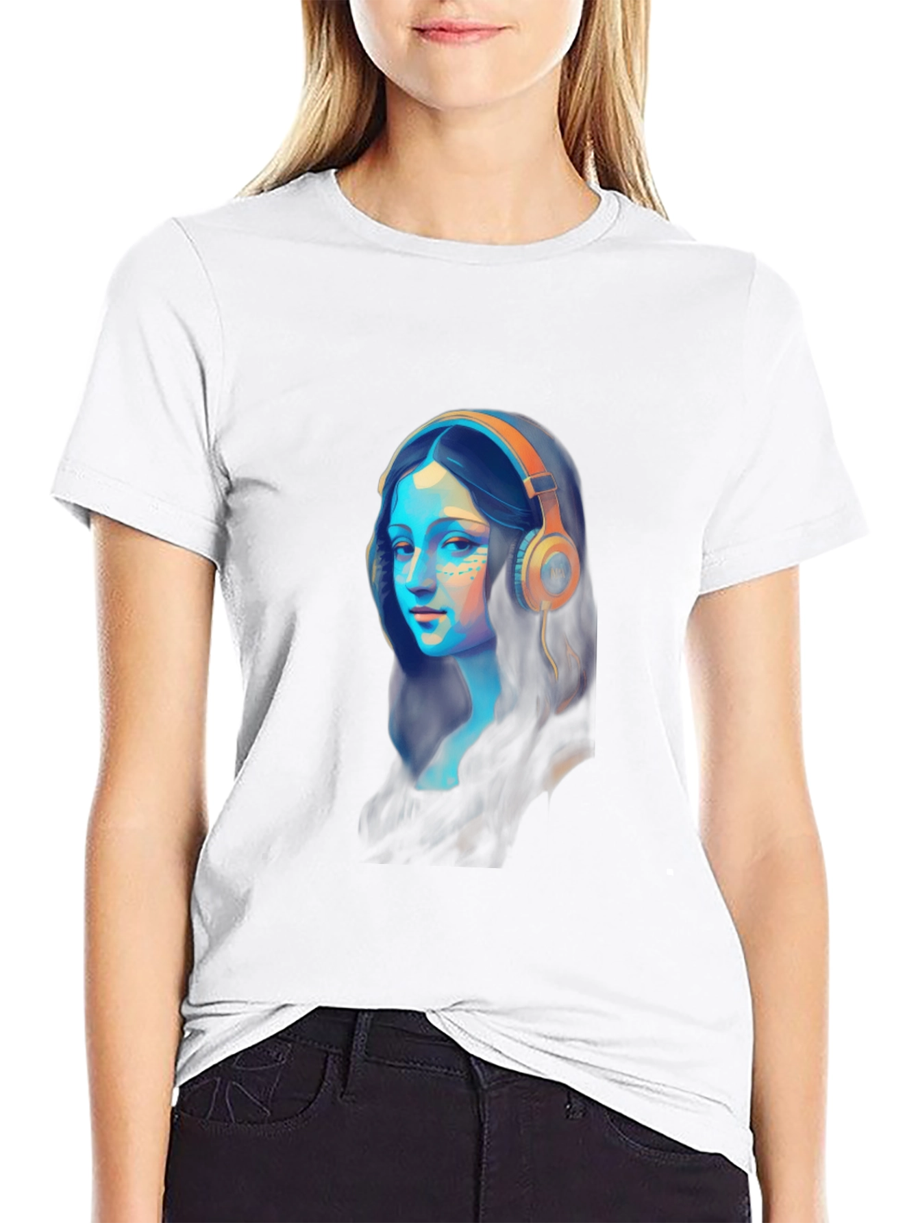 Black Mona Lisa Headphones Graphic Black T-Shirt view 9