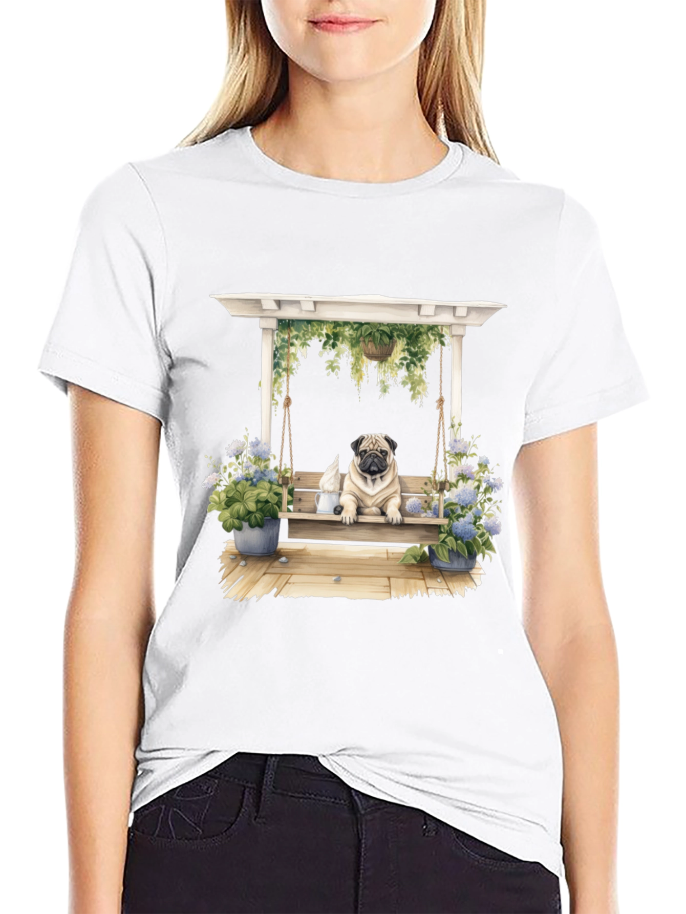 Black Pug on Swing T-Shirt - Unique Dog Lover Gift view 9