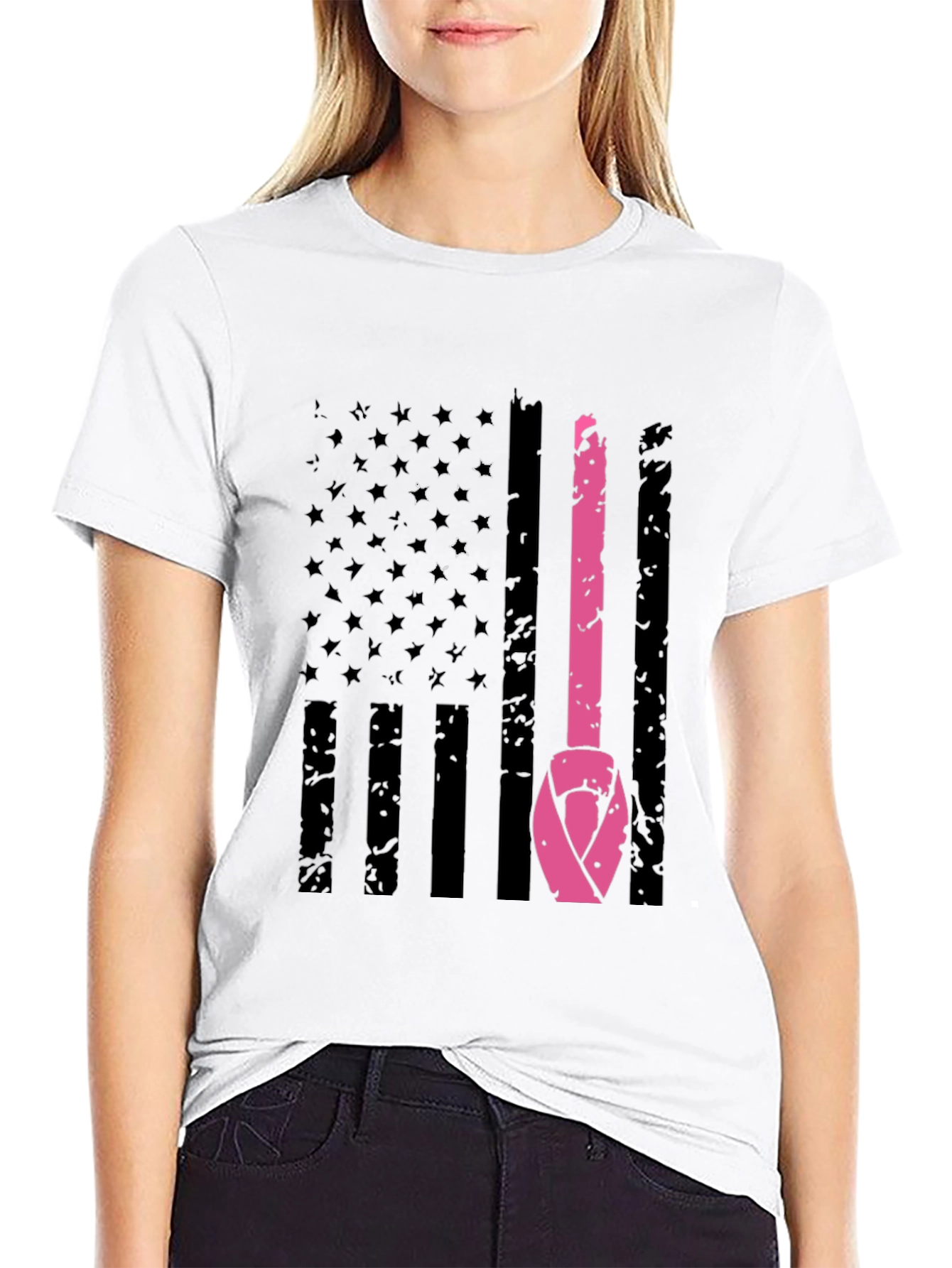 Black Breast Cancer Awareness US Flag T-Shirt view 9