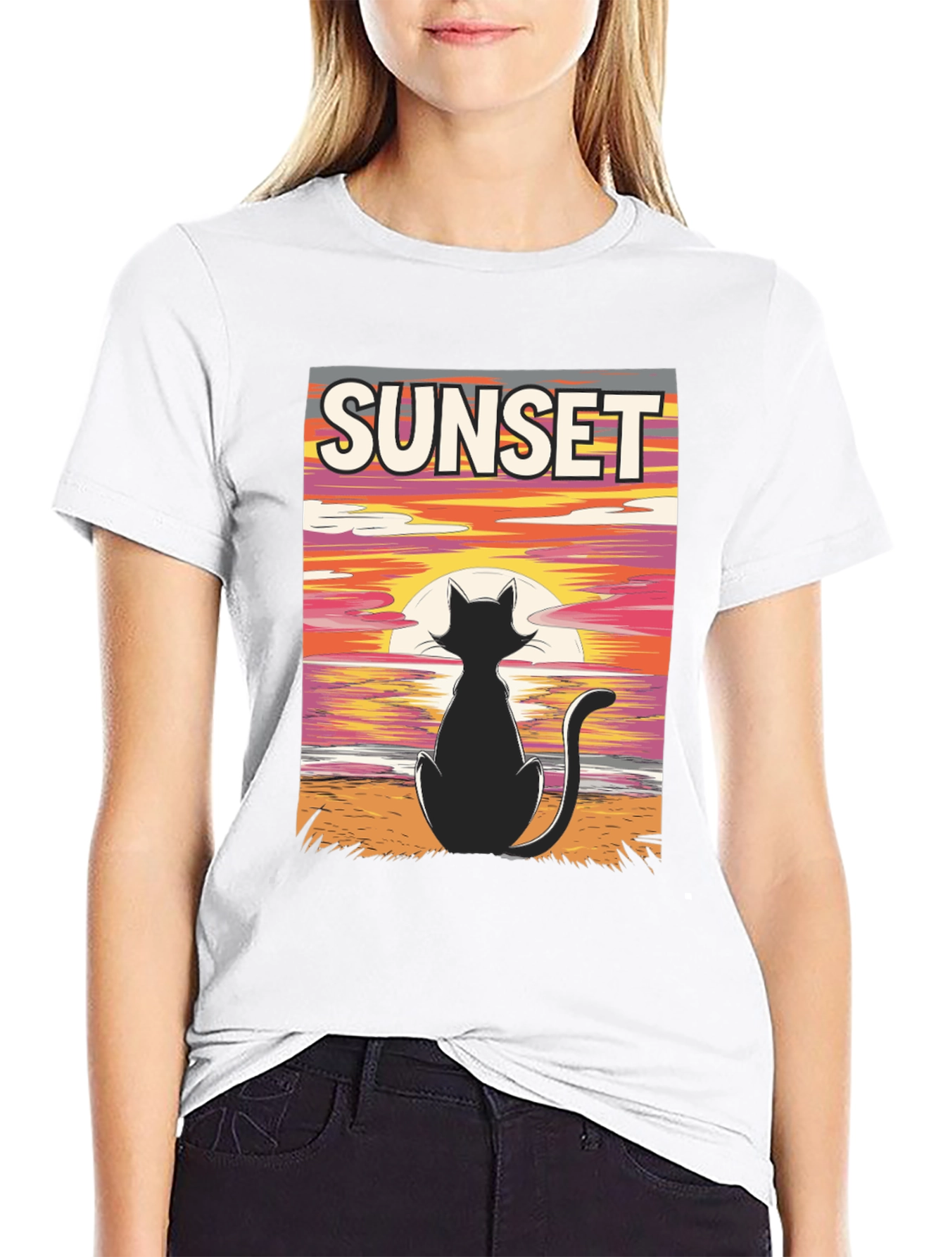Black Sunset Cat Graphic Tee - Stylish Black T-Shirt view 9