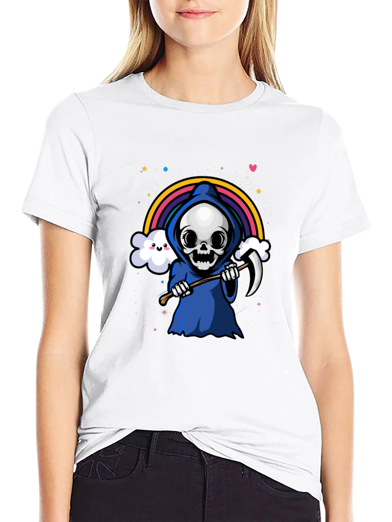 Black Kawaii Grim Reaper Rainbow T-Shirt view 9