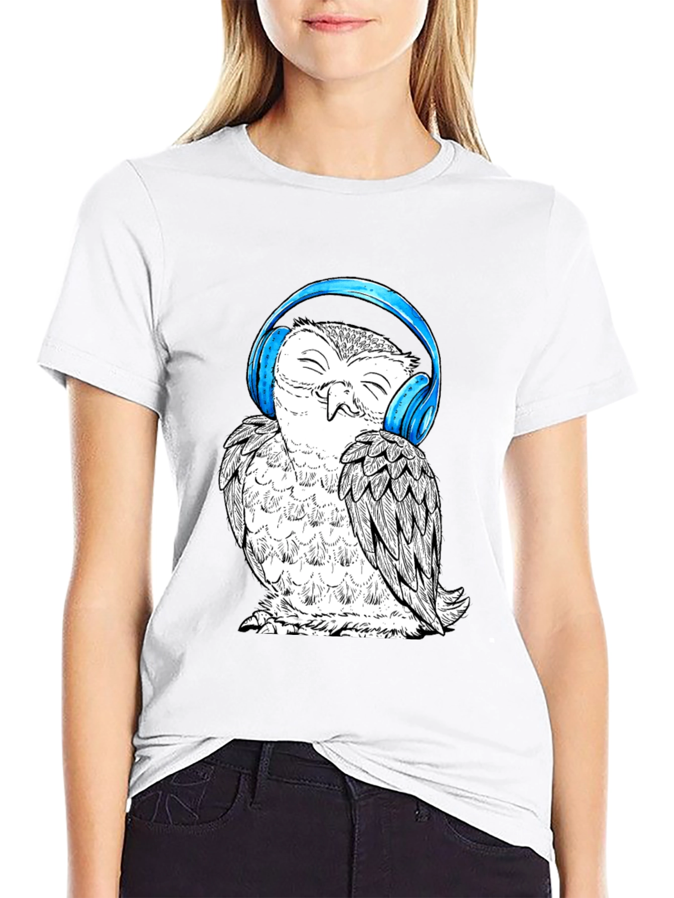 Black Owl with Headphones Graphic Tee - Black Cotton T-Shirt view 9