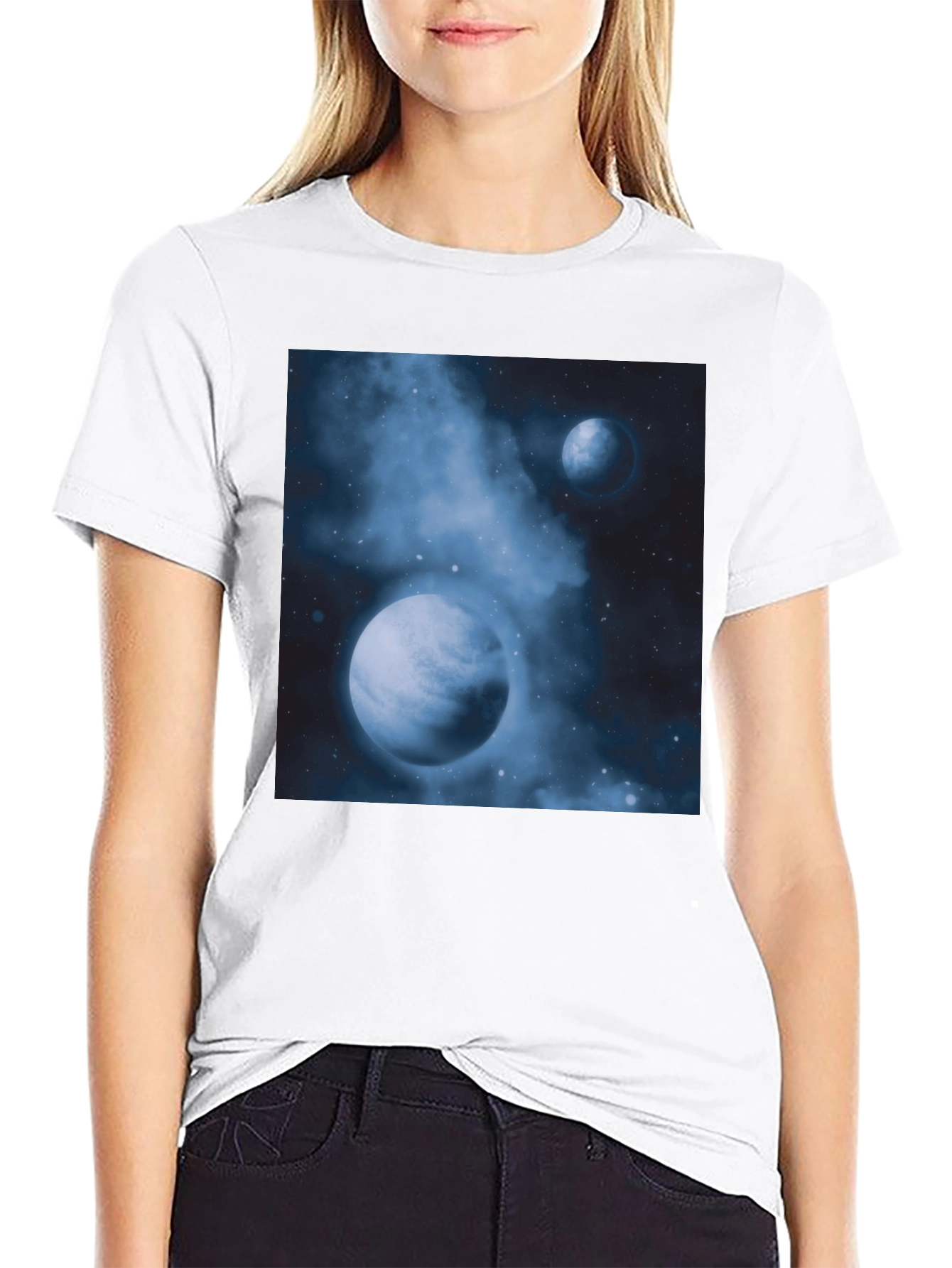 Black Nebula Planets Graphic Tee - Cosmic Black Cotton T-Shirt view 9
