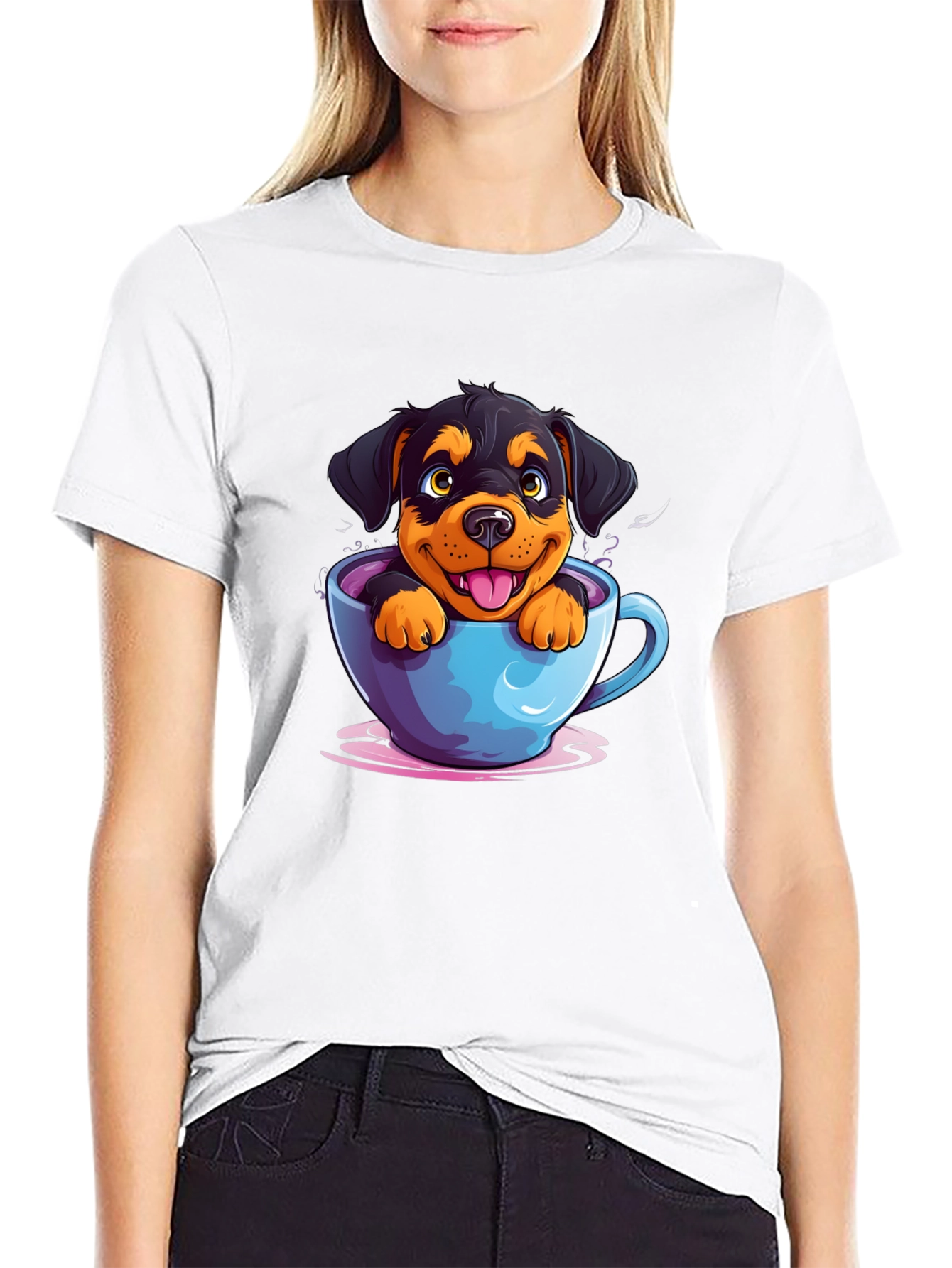 Black Cute Dog in Cup T-Shirt - Cartoon Rottweiler view 9
