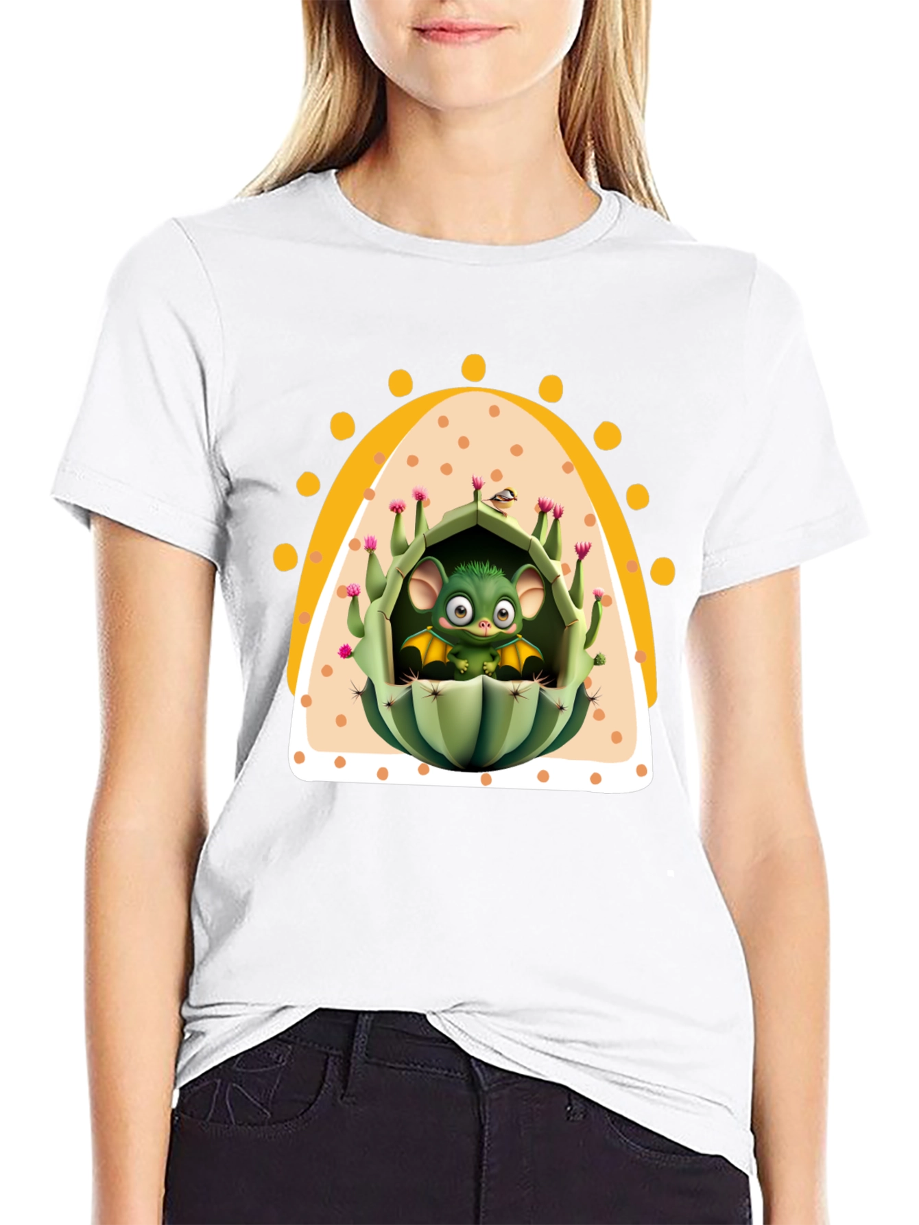 Black Cute Cactus Bat T-Shirt - Unique Graphic Tee view 9