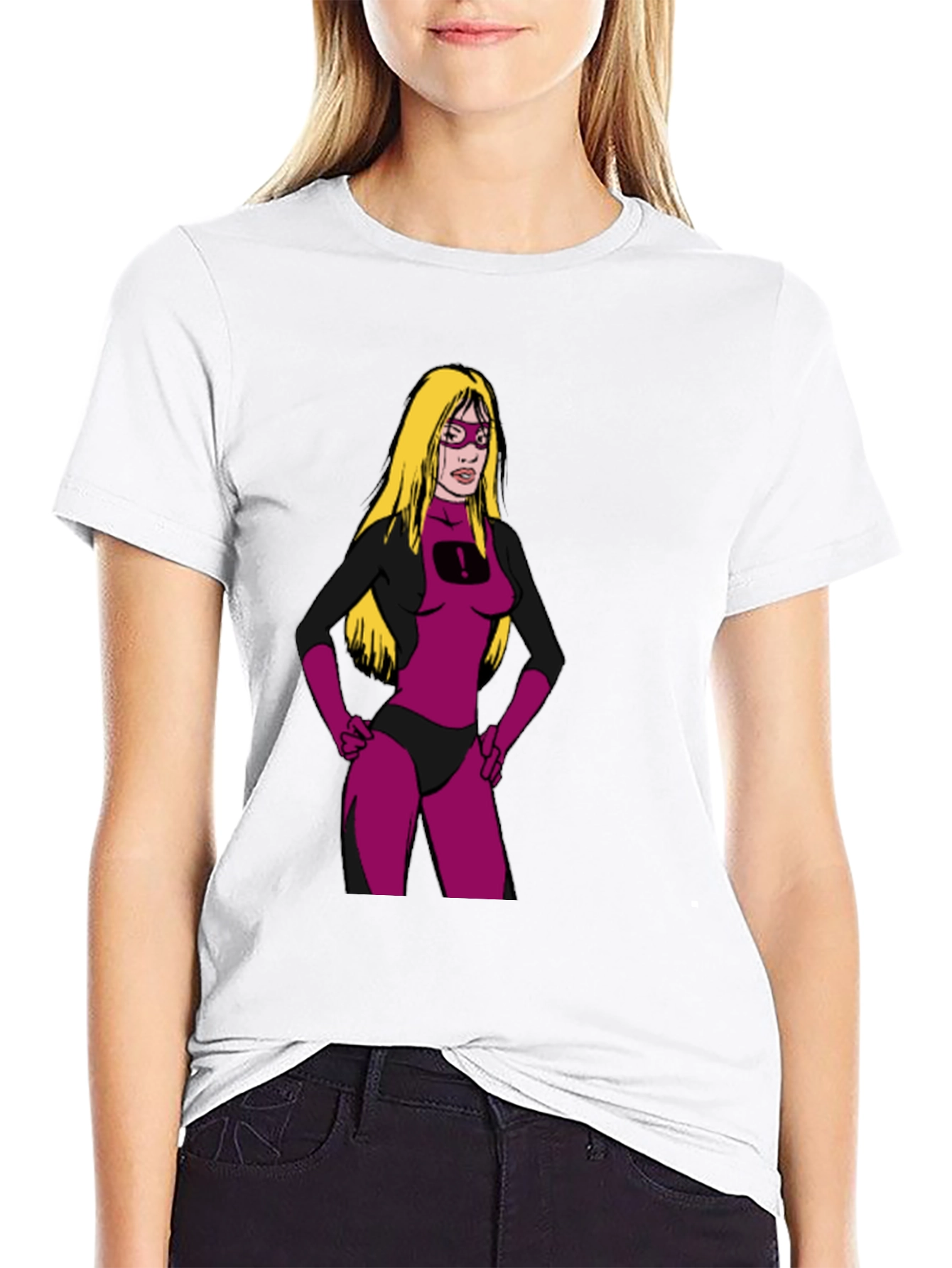 Black Cartoon Superheroine on Black T-Shirt view 9