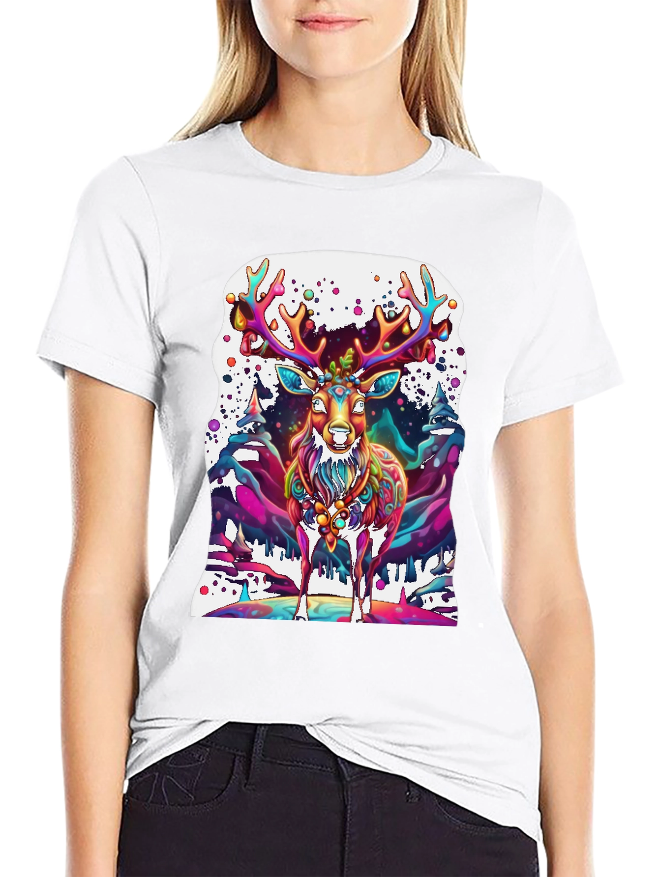 Black Psychedelic Deer Graphic Tee - Vivid Colorful Print view 9
