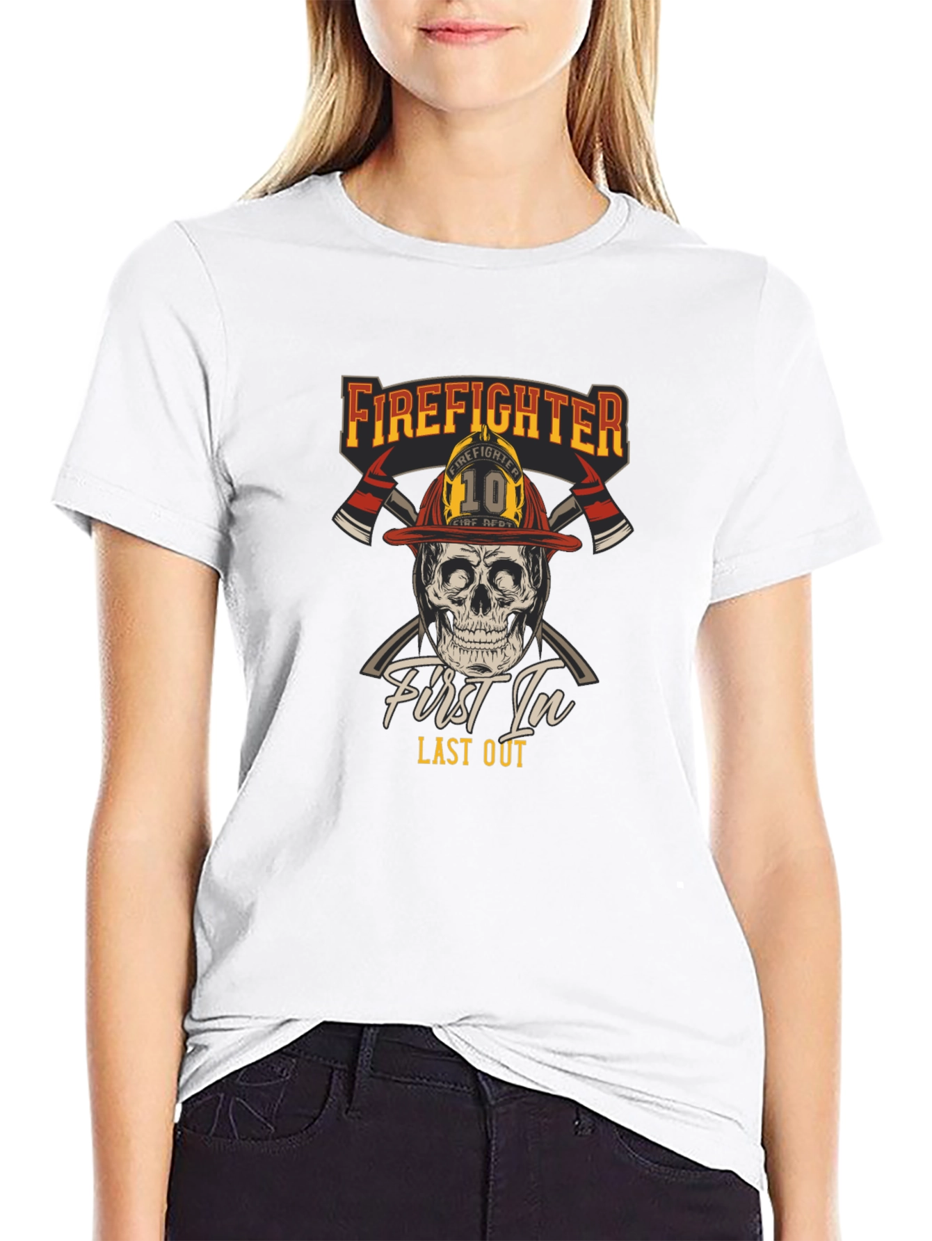 Black Firefighter Skull T-Shirt - First In Last Out Graphic Tee view 9
