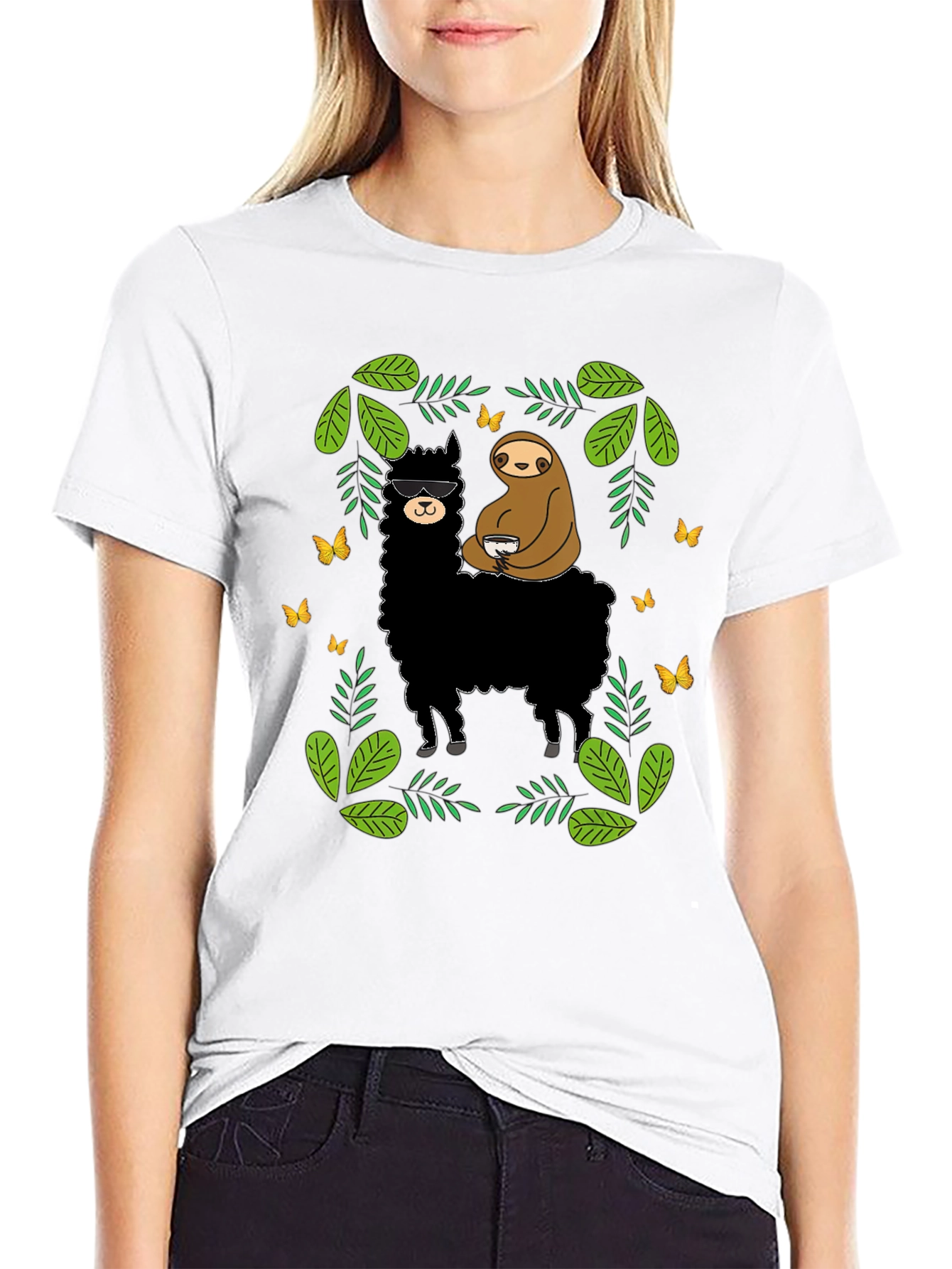 Black Llama & Sloth Graphic Tee - Black Cotton view 9