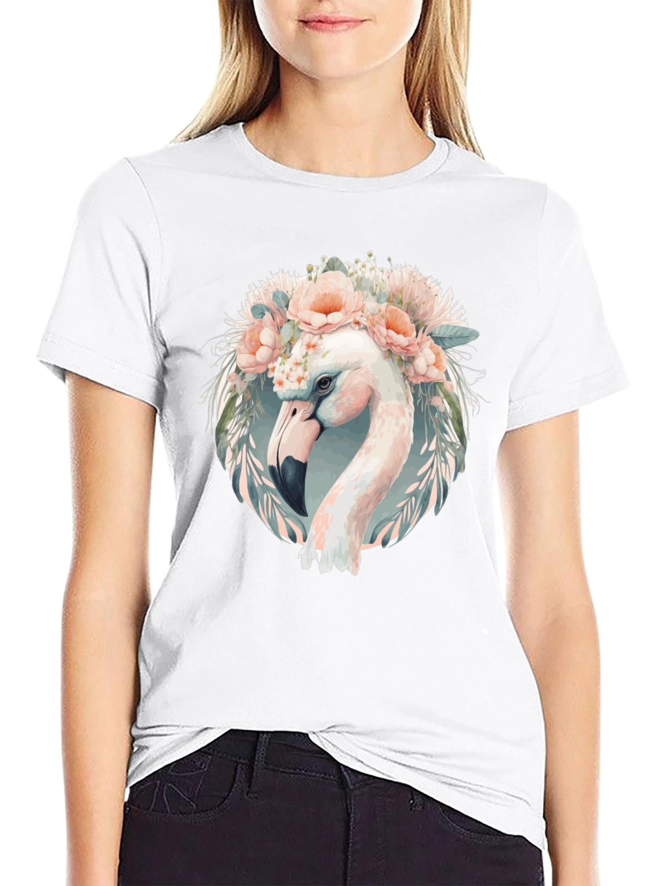 Black Floral Flamingo Graphic Tee - Black Cotton T-Shirt view 9