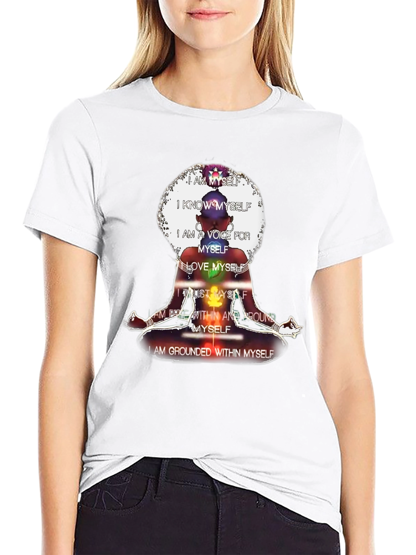 Black Affirmation T-Shirt - Chakra Meditation Design view 9