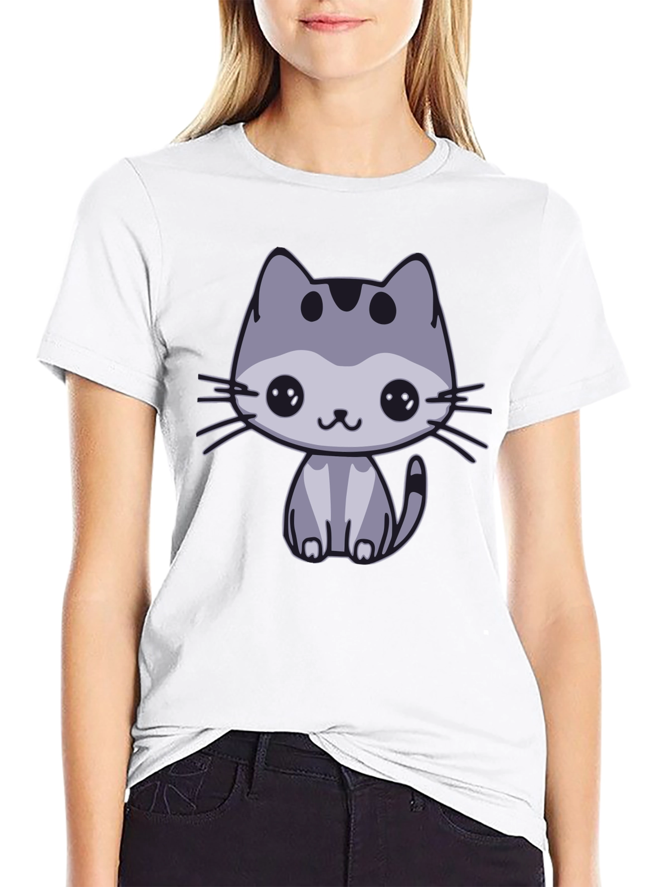 Black Cute Cat Graphic Black T-Shirt view 9