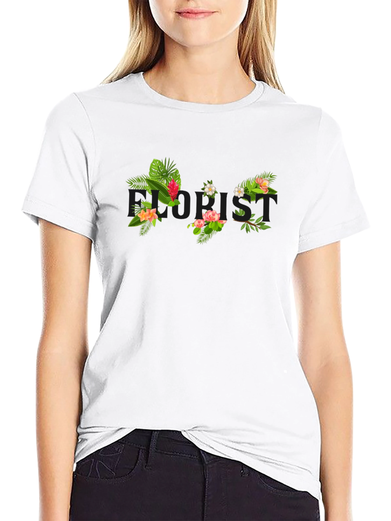 Black Tropical Floral Print Black T-Shirt view 9