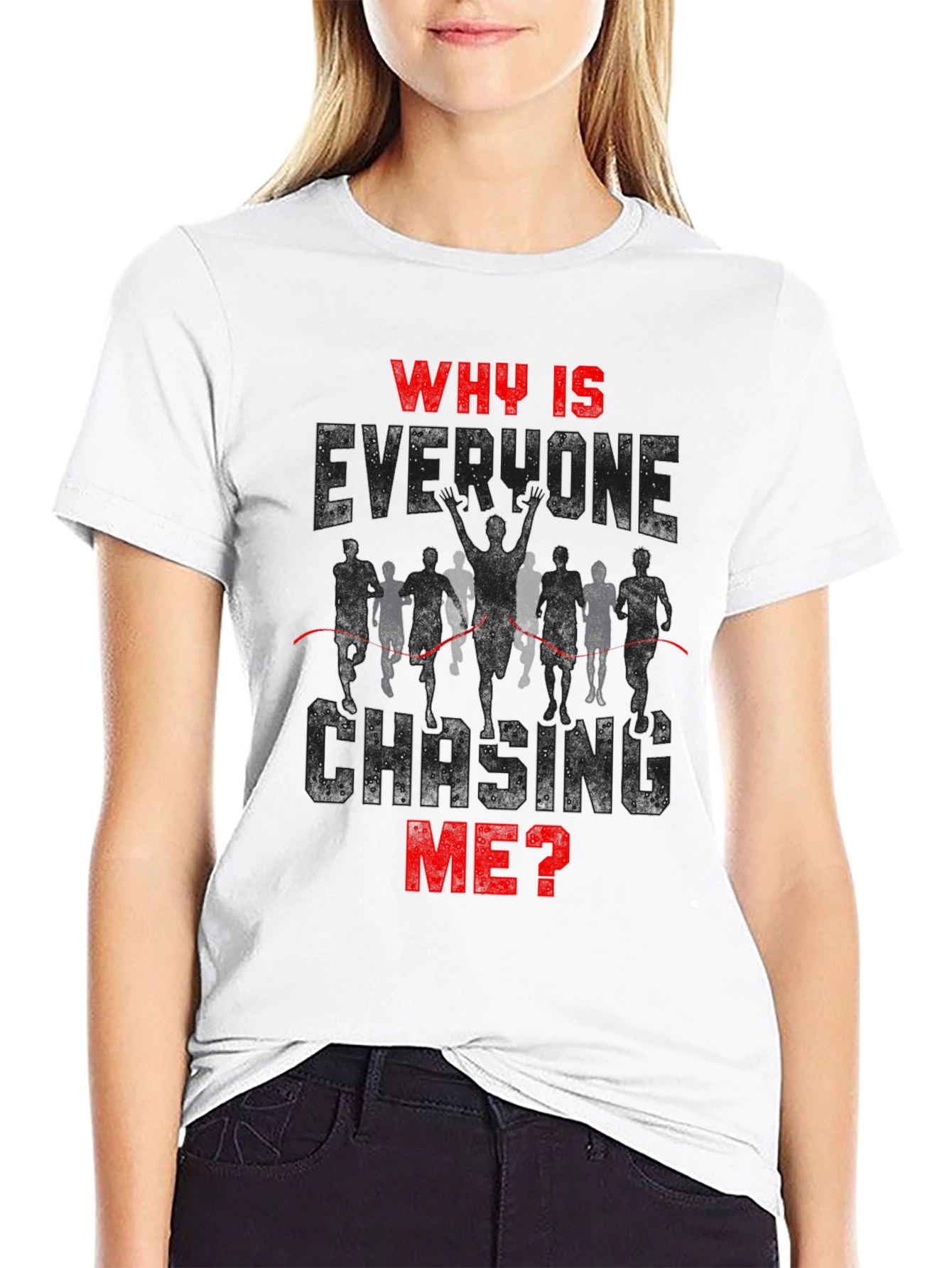 Black Why Is Everyone Chasing Me? Runner T-Shirt view 9