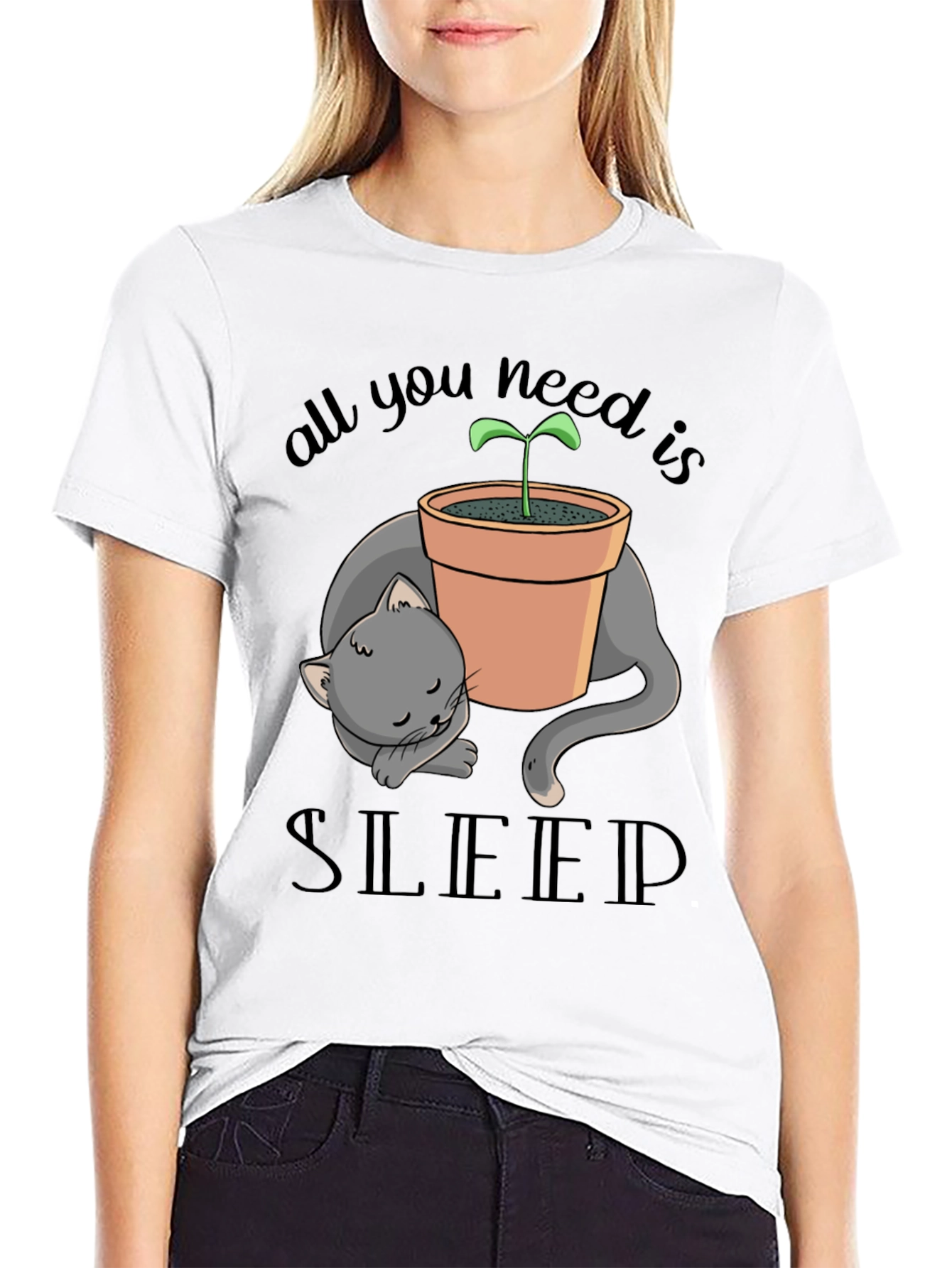 Black Sleepy Cat Plant Pot T-Shirt - All You Need Is Sleep view 9