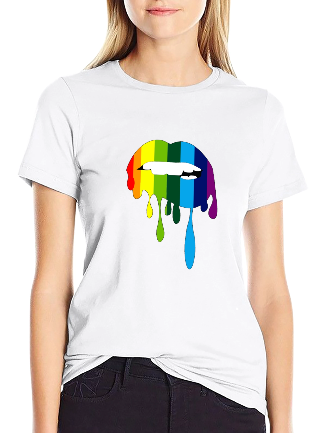 Black Rainbow Lips Graphic Print Black T-Shirt view 9