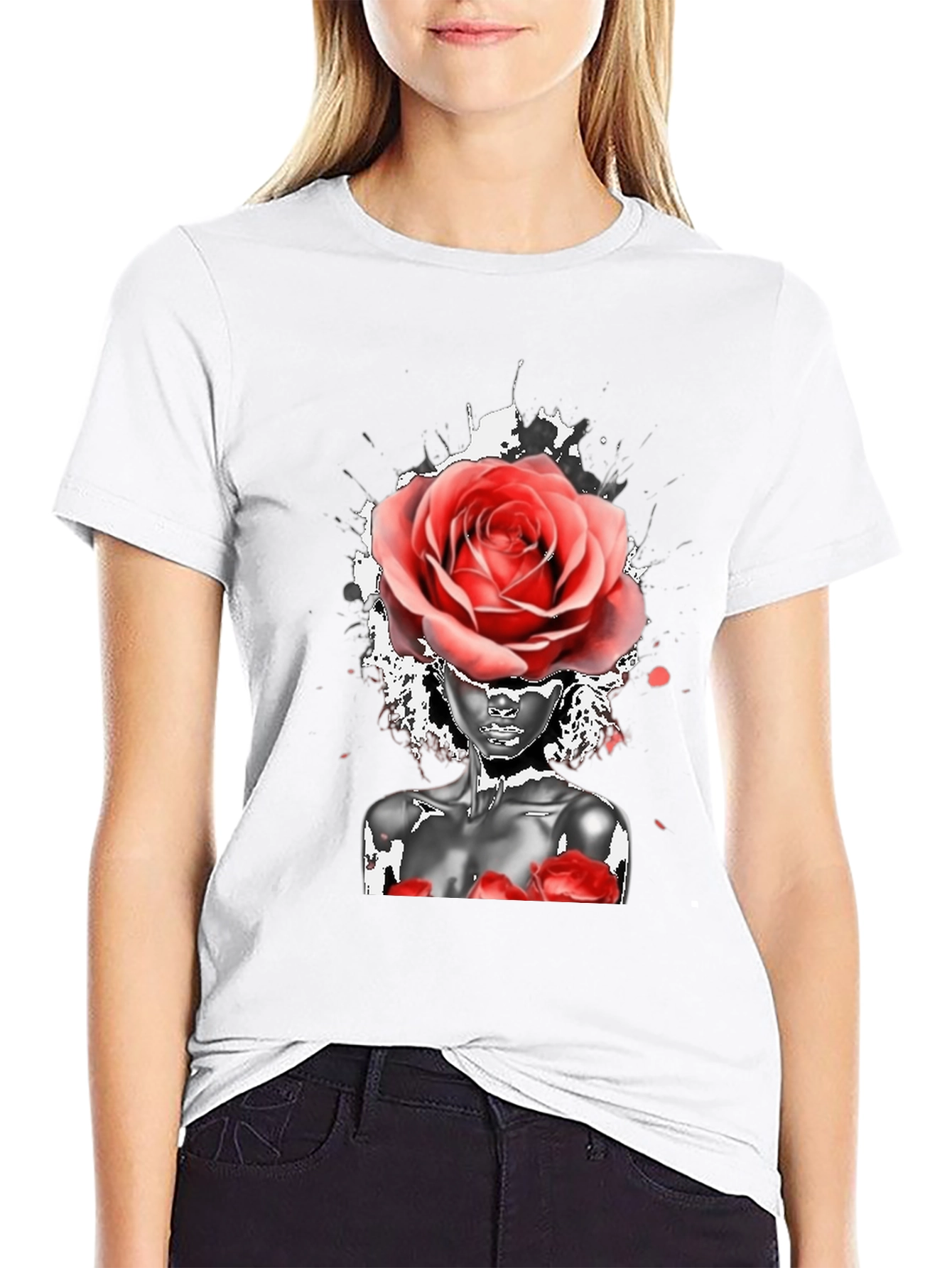 Black Rose Head Woman Graphic Black T-Shirt view 9