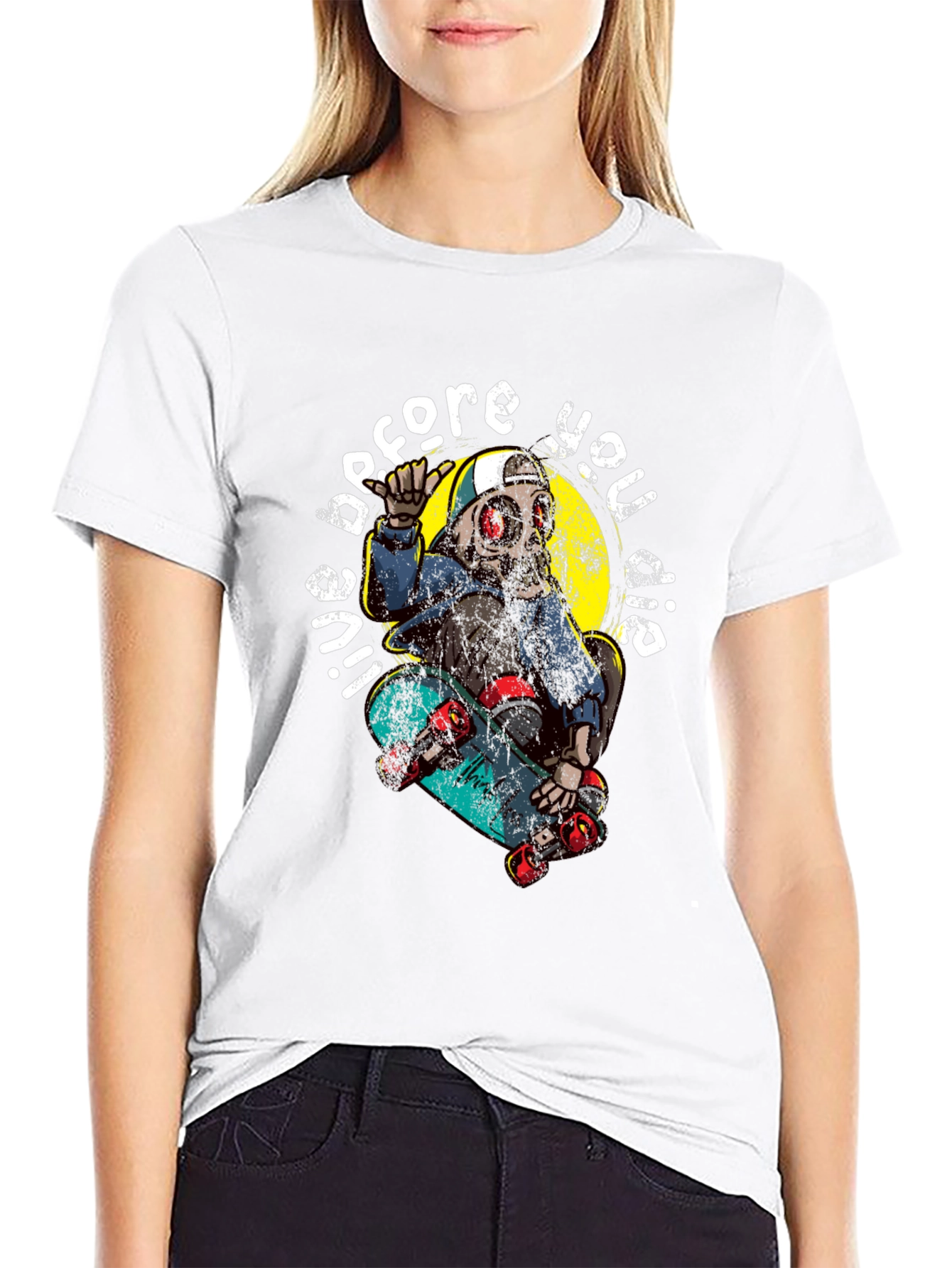 Black Skater Skeleton Graphic Tee - Live Before You Die! view 9