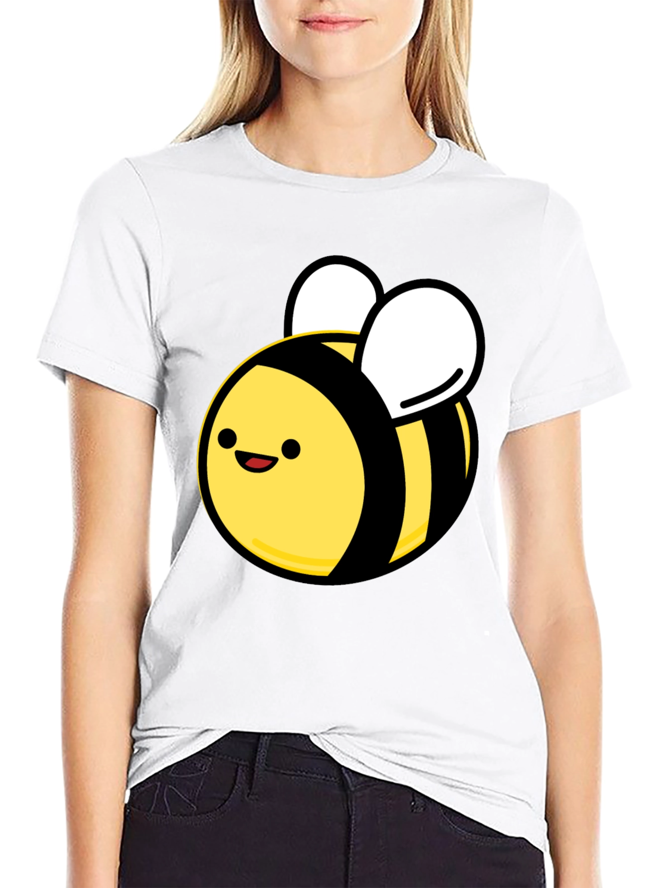 Black Cute Cartoon Bee Black T-Shirt - Unisex Crew Neck view 9