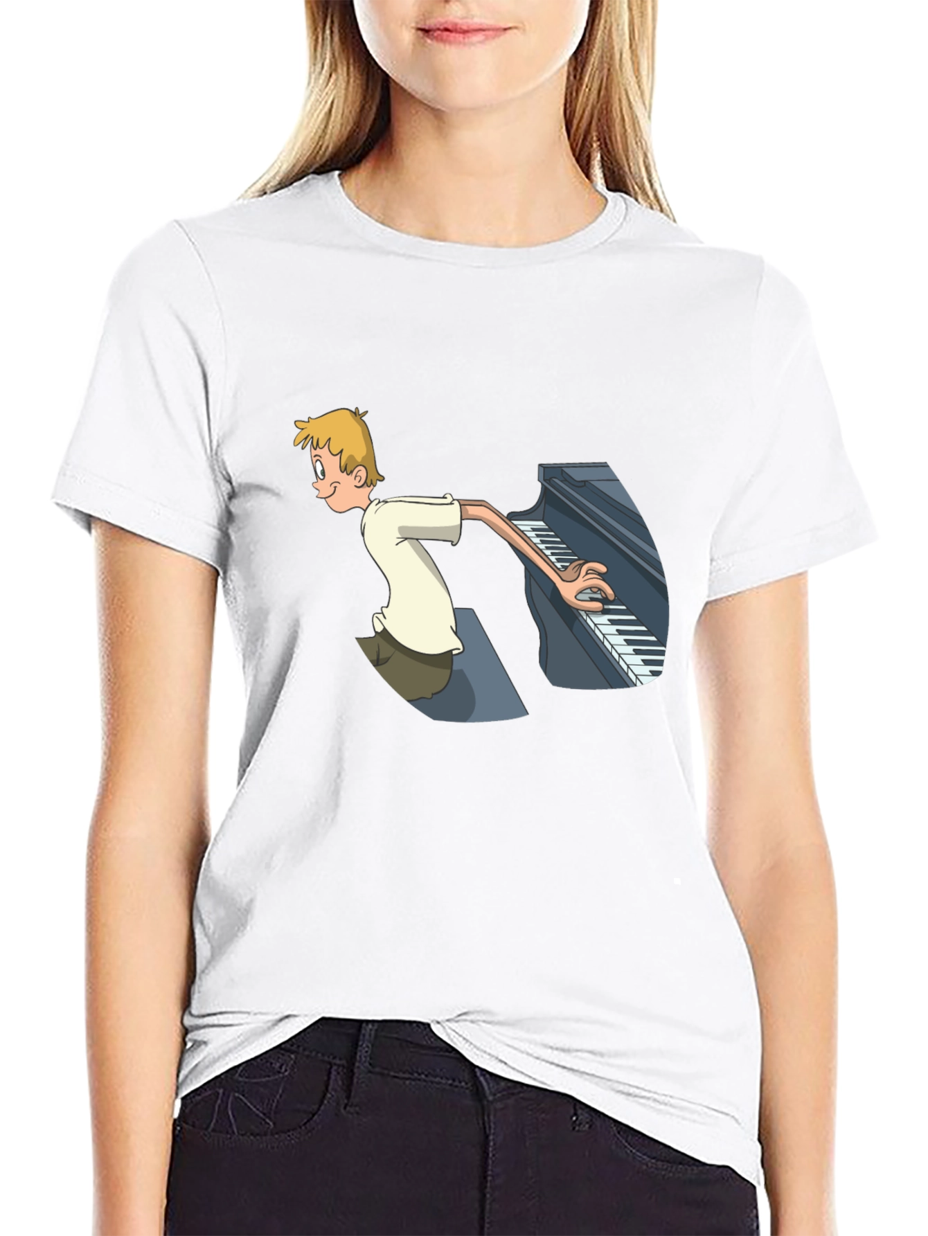 Black Piano Player Cartoon Graphic T-Shirt - Unique Design view 9