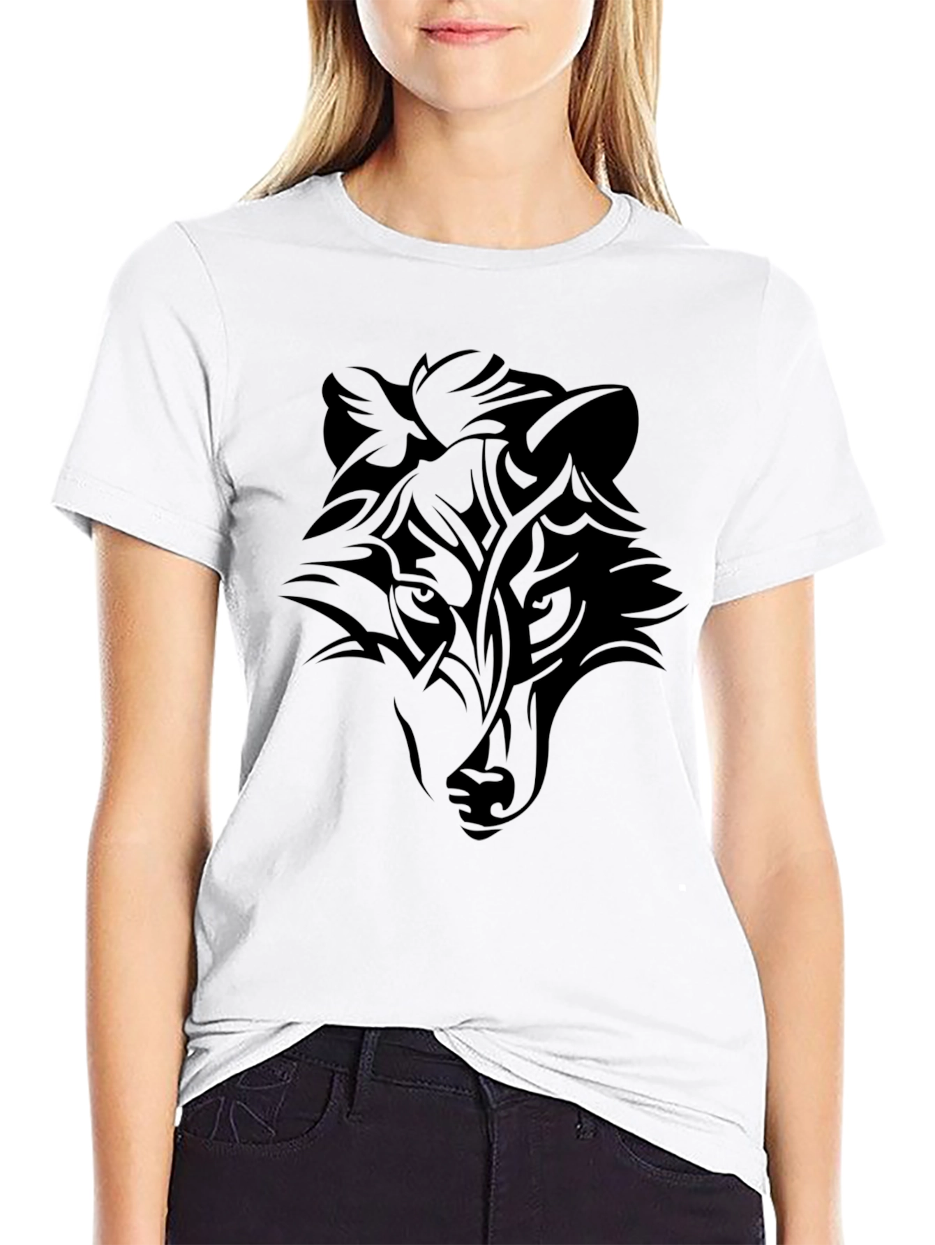 Black Men's Black Wolf Graphic Tee - Tribal Style view 9