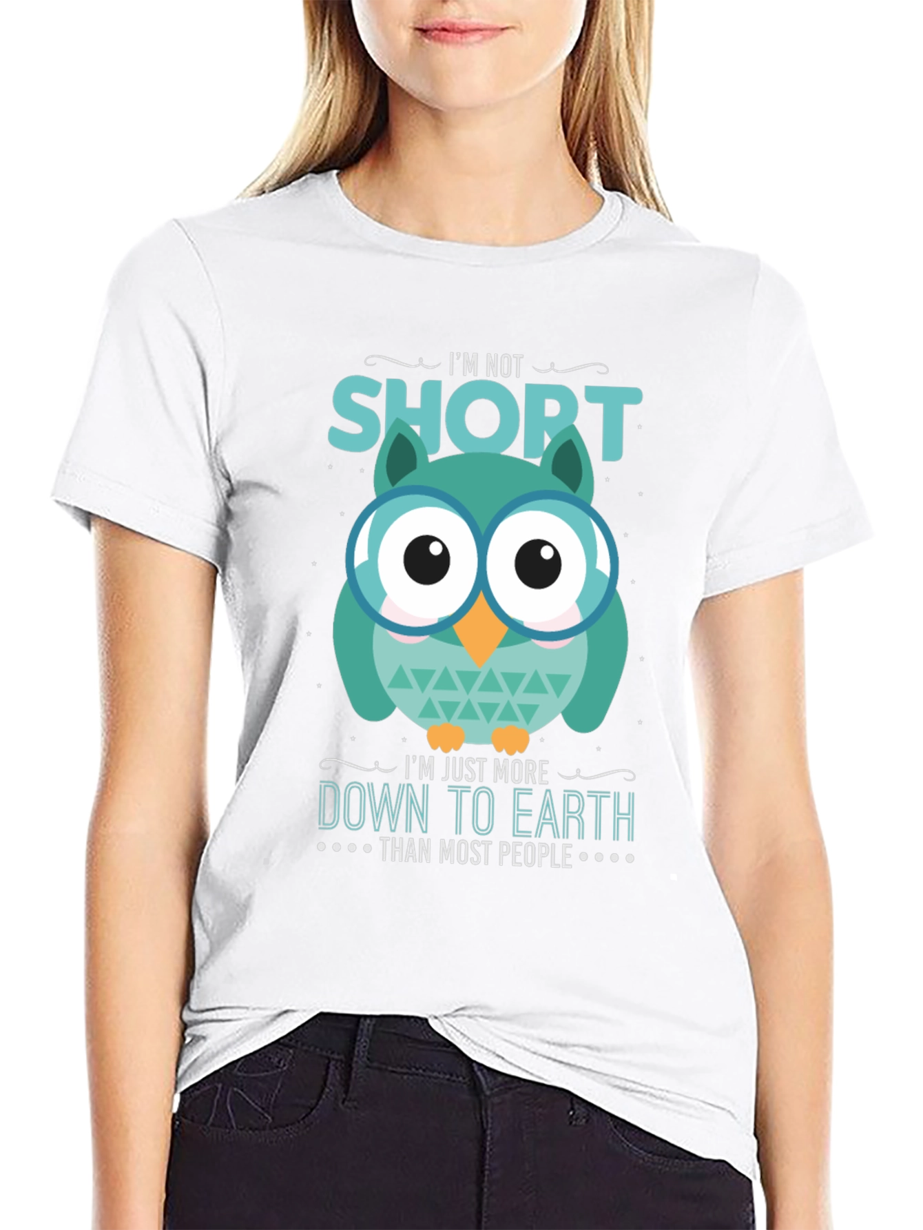 Black Funny Owl T-Shirt: I'm Not Short, Down to Earth view 9