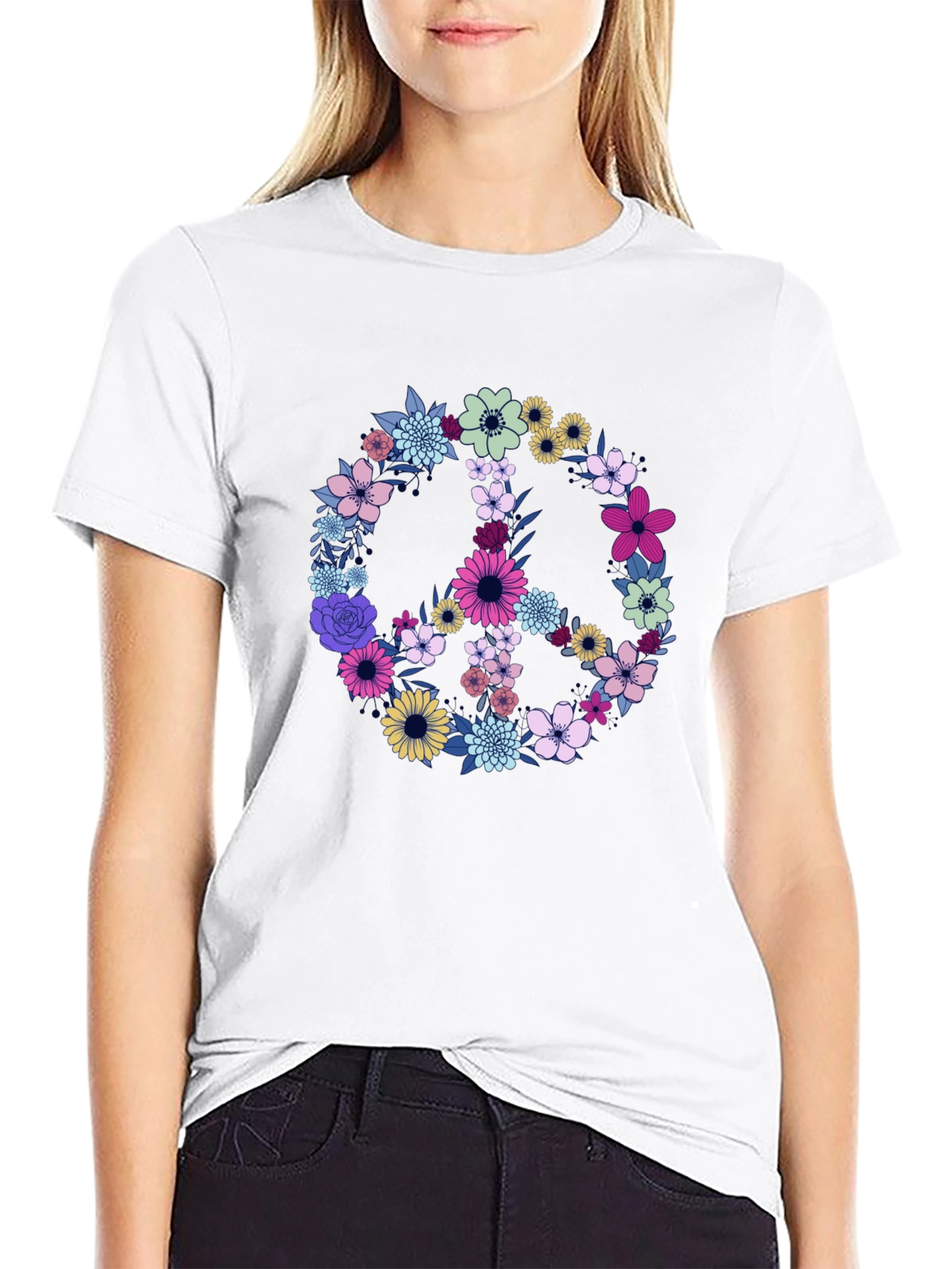 Black Floral Peace Sign Graphic T-Shirt view 9