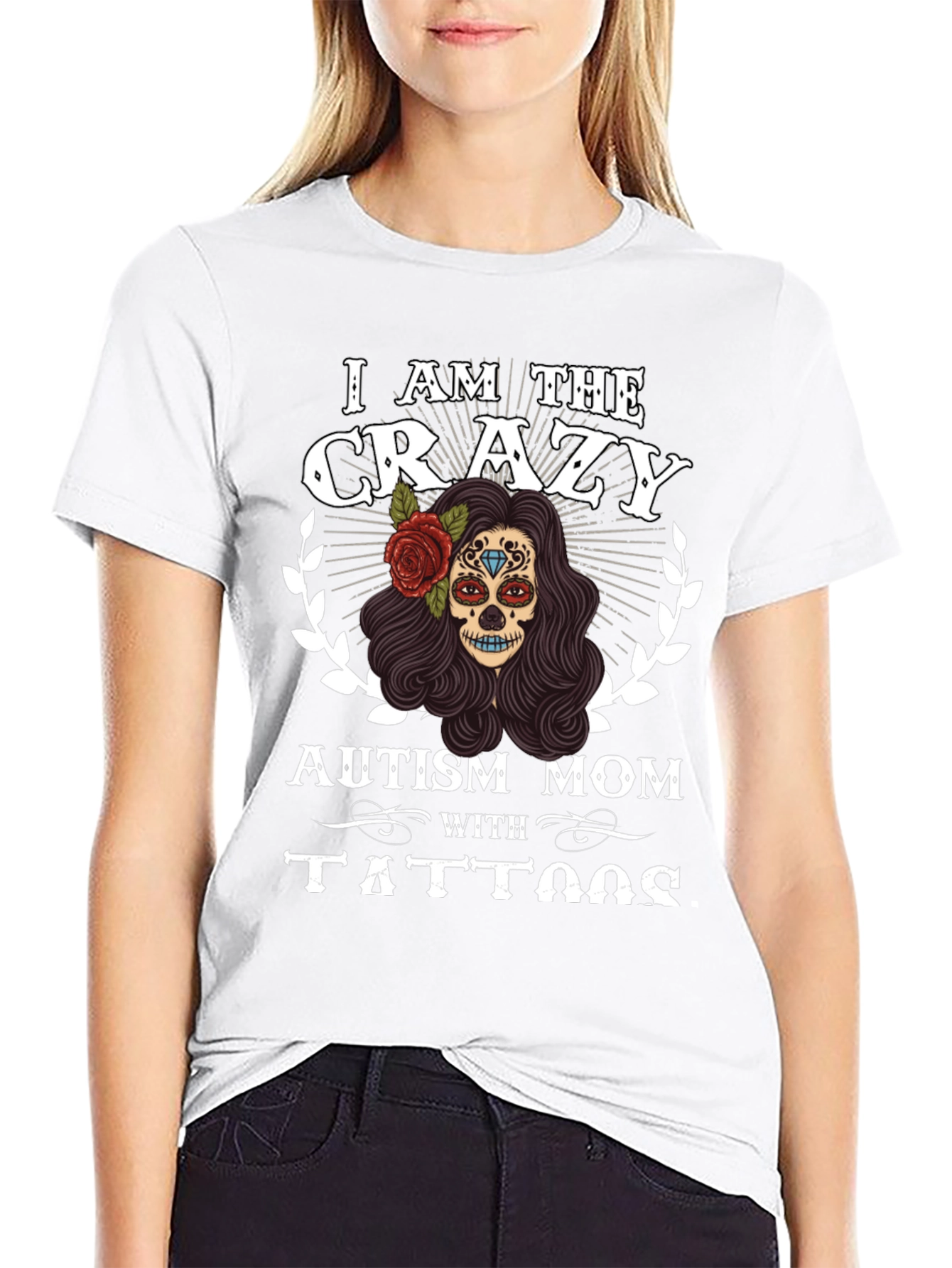 Black Crazy Autism Mom T-Shirt Sugar Skull Design view 9