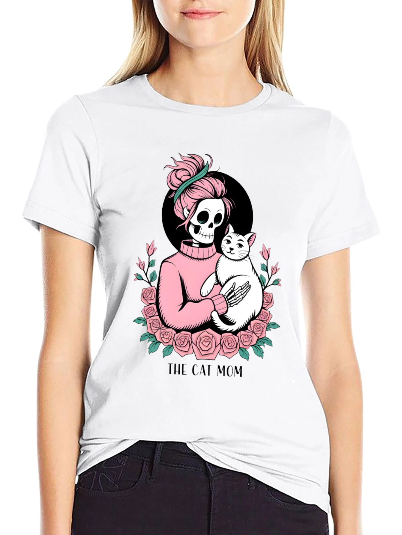 Black Skeleton Cat Mom Graphic Tee - Black view 9
