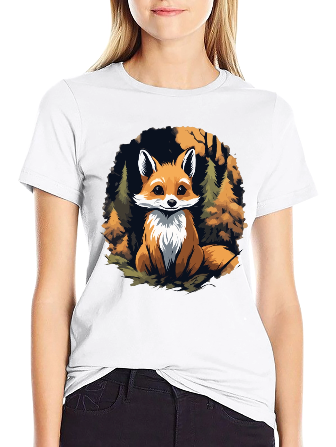 Black Fox in Forest Graphic Print Black T-Shirt view 9